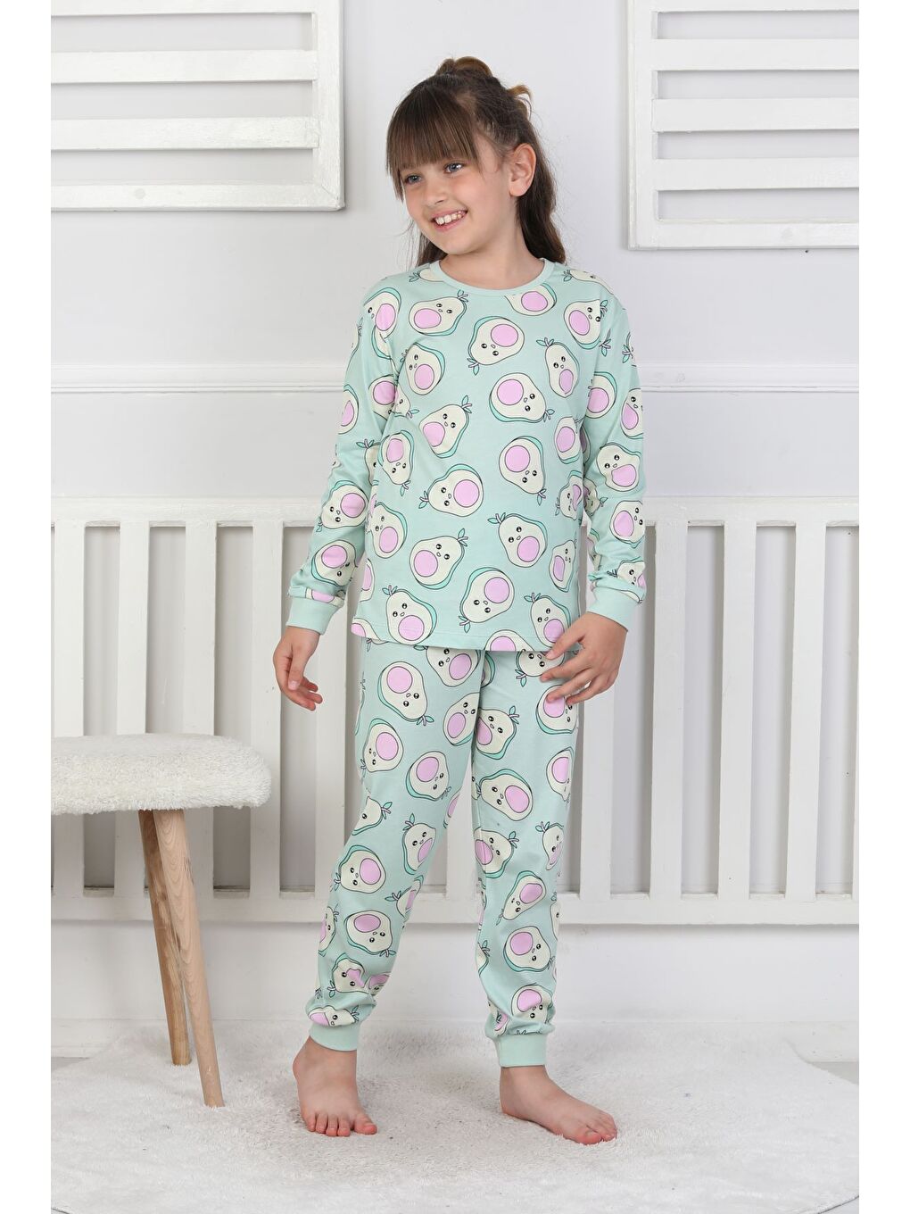 Yeşil Cute Avocado Desenli Kız Çocuk Pijama Takımı-5