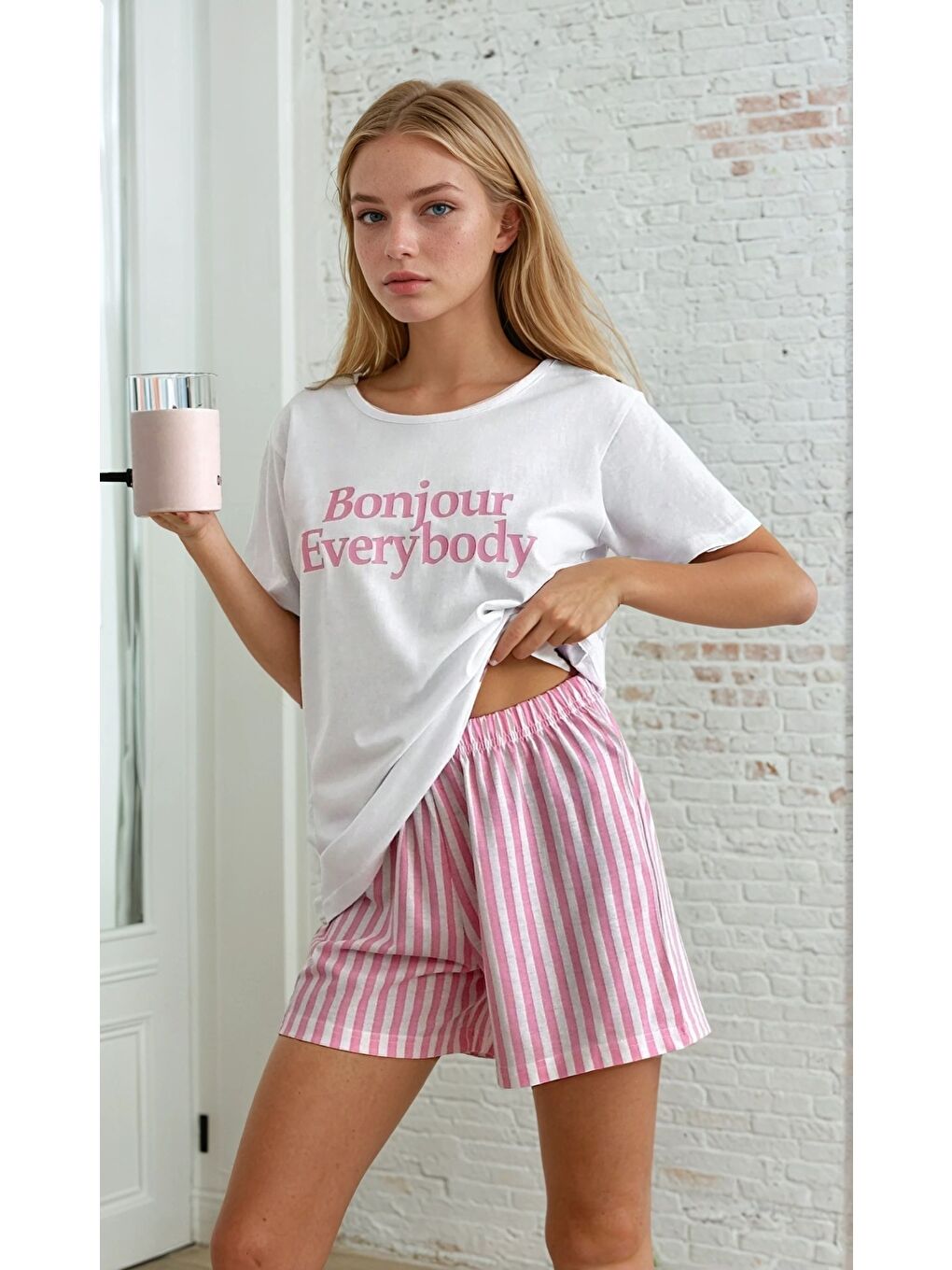 Kısa Kollu Şortlu Pijama Takımı Pembe