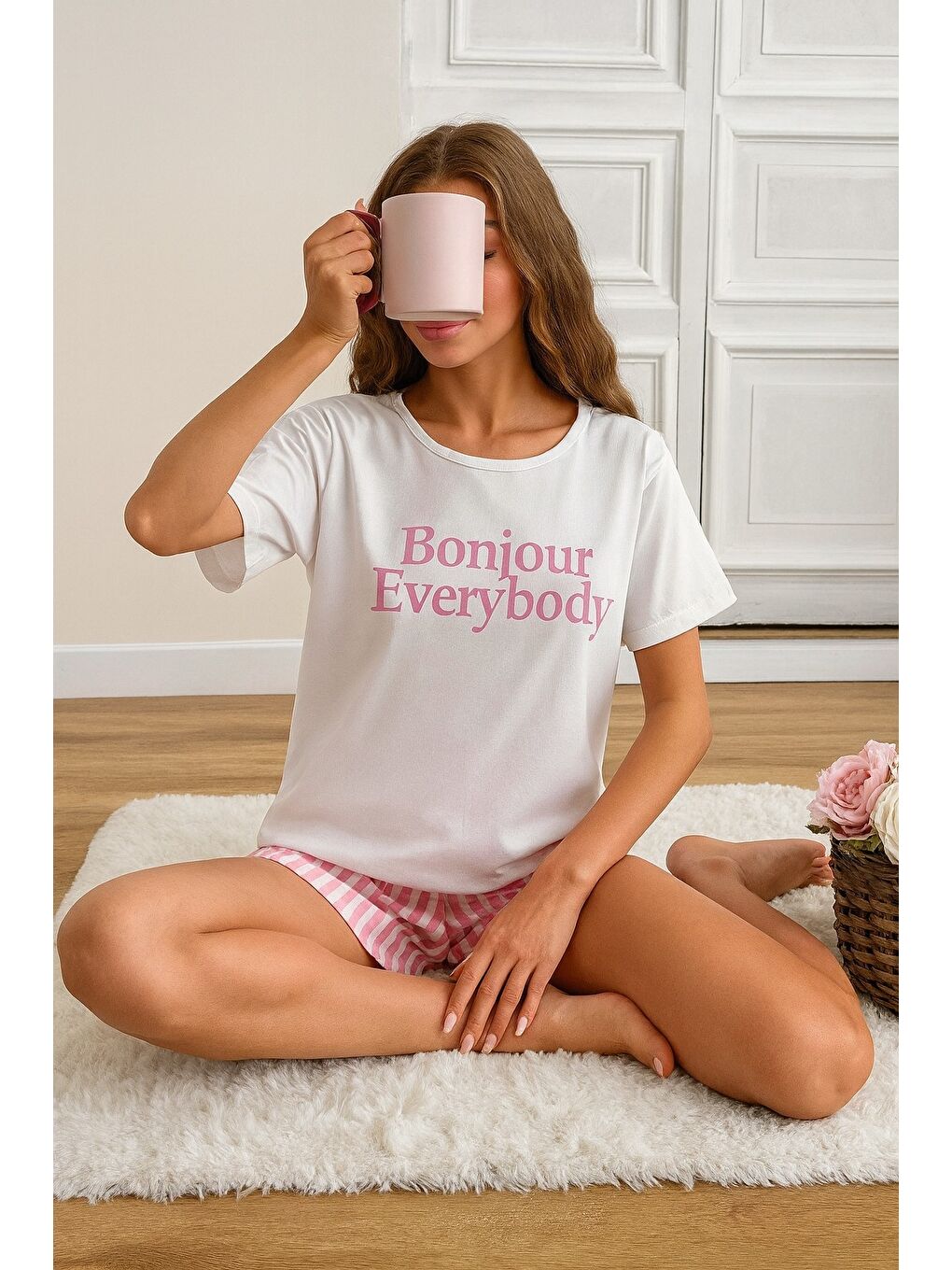 Kısa Kollu Şortlu Pijama Takımı Pembe-1