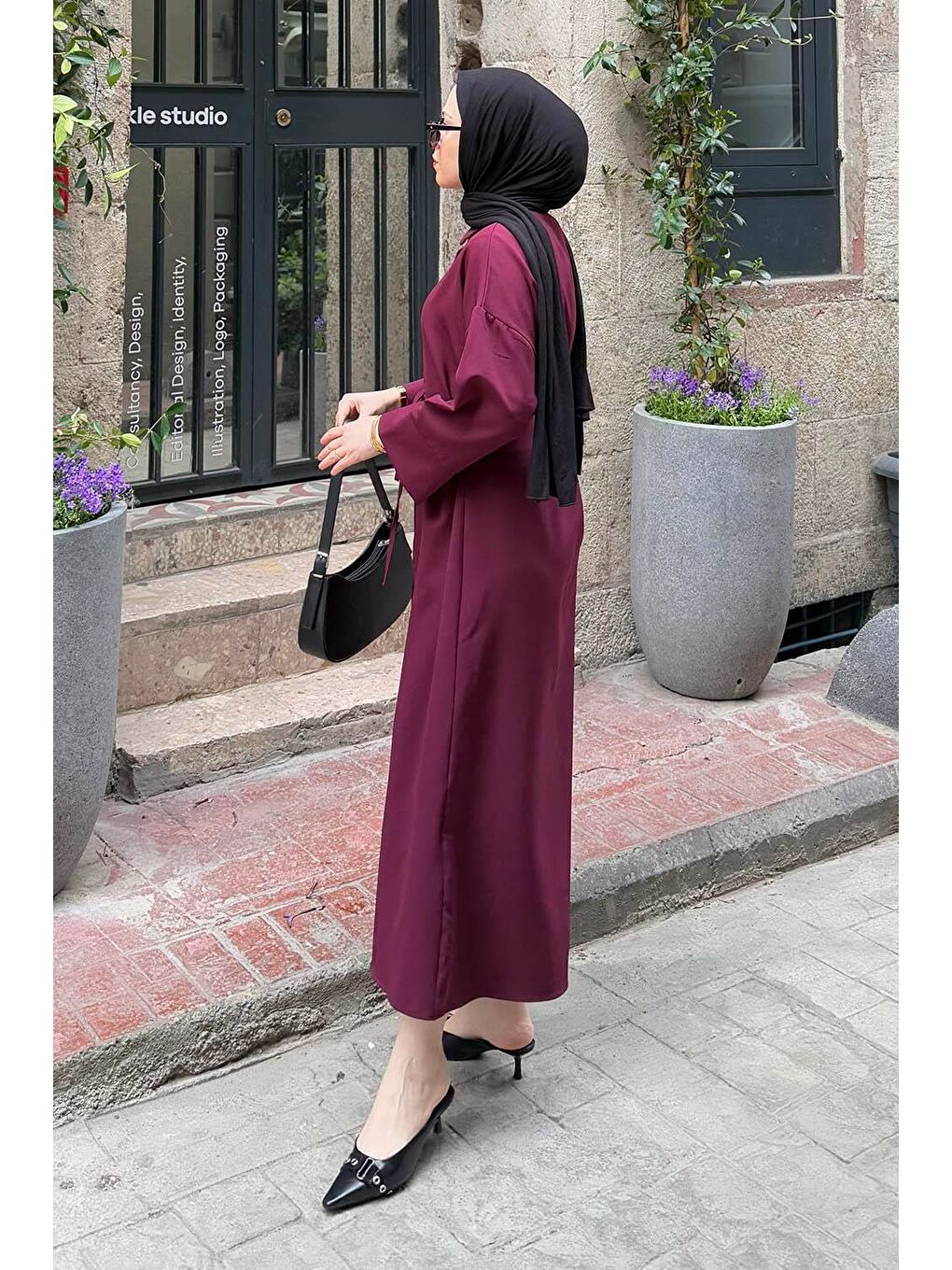 Takma Manşet Detaylı Dabıl Tesettür Elbise Mürdüm-1