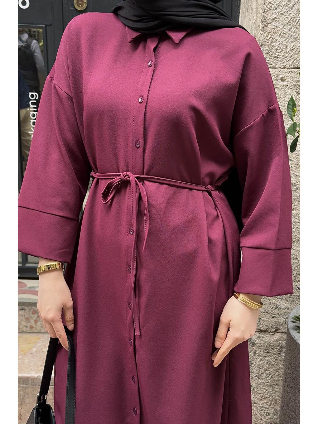 Takma Manşet Detaylı Dabıl Tesettür Elbise Mürdüm-2