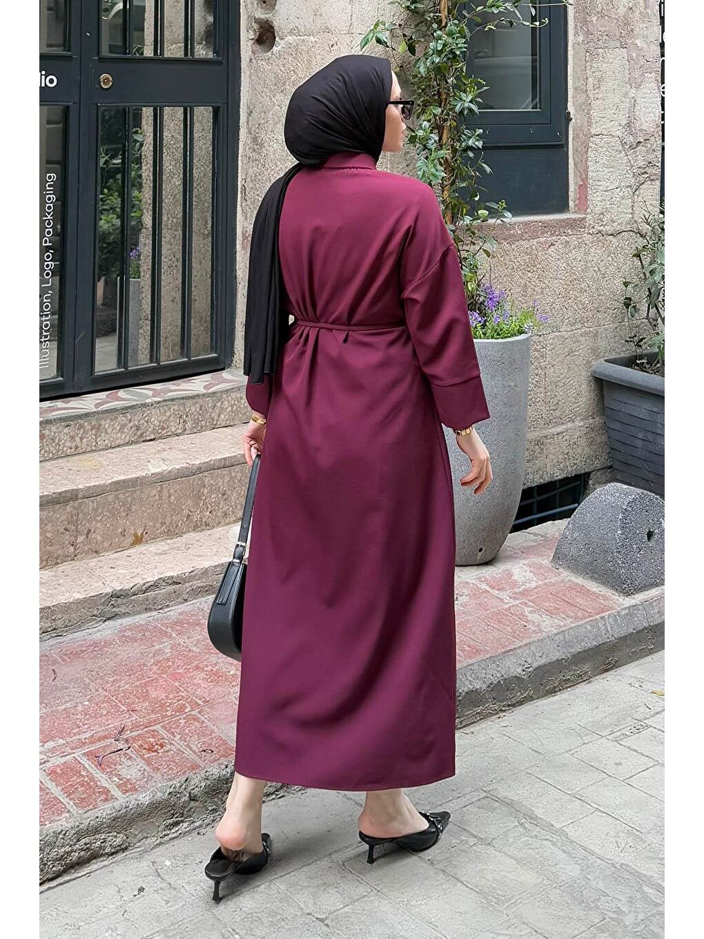 Takma Manşet Detaylı Dabıl Tesettür Elbise Mürdüm-3