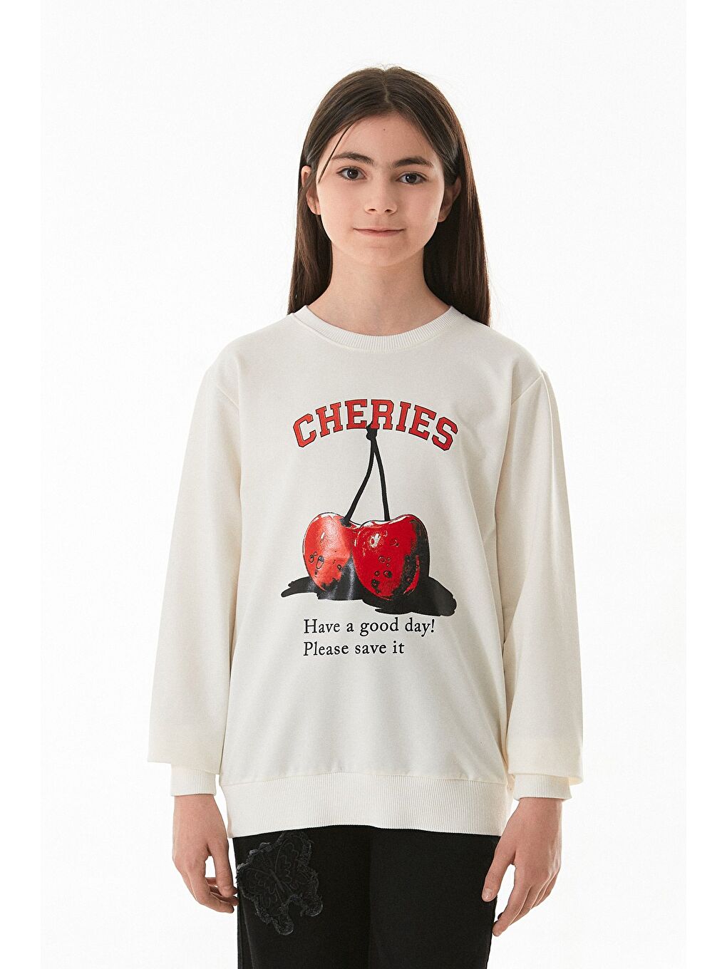 Ekru Kiraz Baskılı Bisiklet Yaka Çocuk Sweatshirt