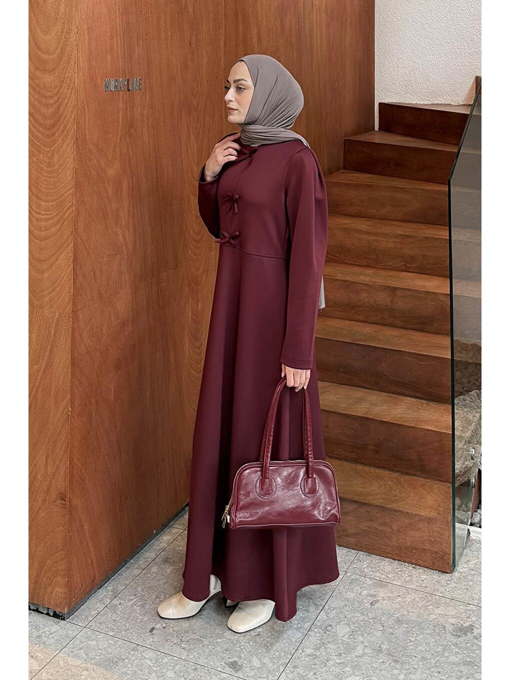 Kurdela Detaylı Scuba Elbise Bordo-1