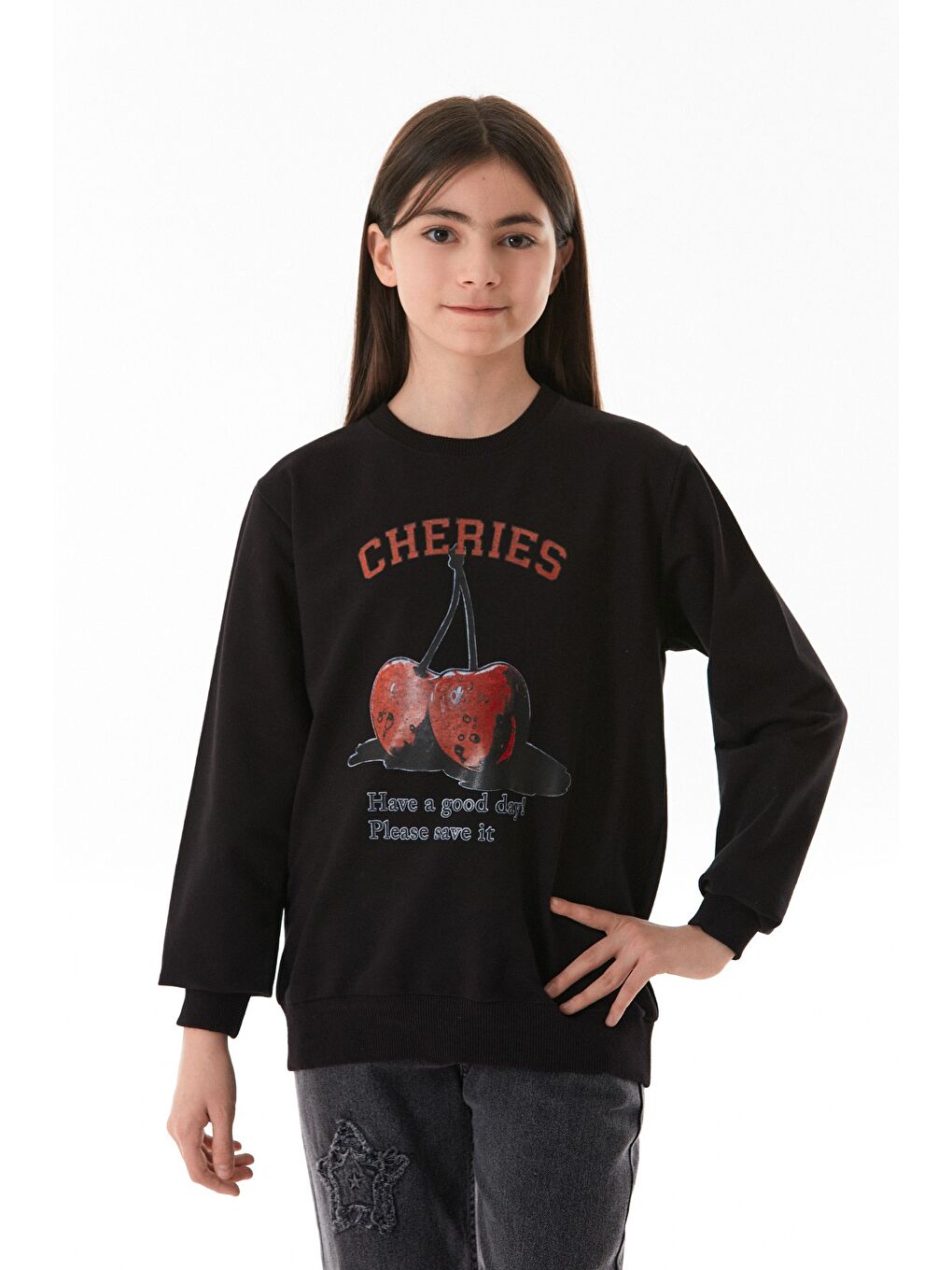 Siyah Kiraz Baskılı Bisiklet Yaka Çocuk Sweatshirt-2