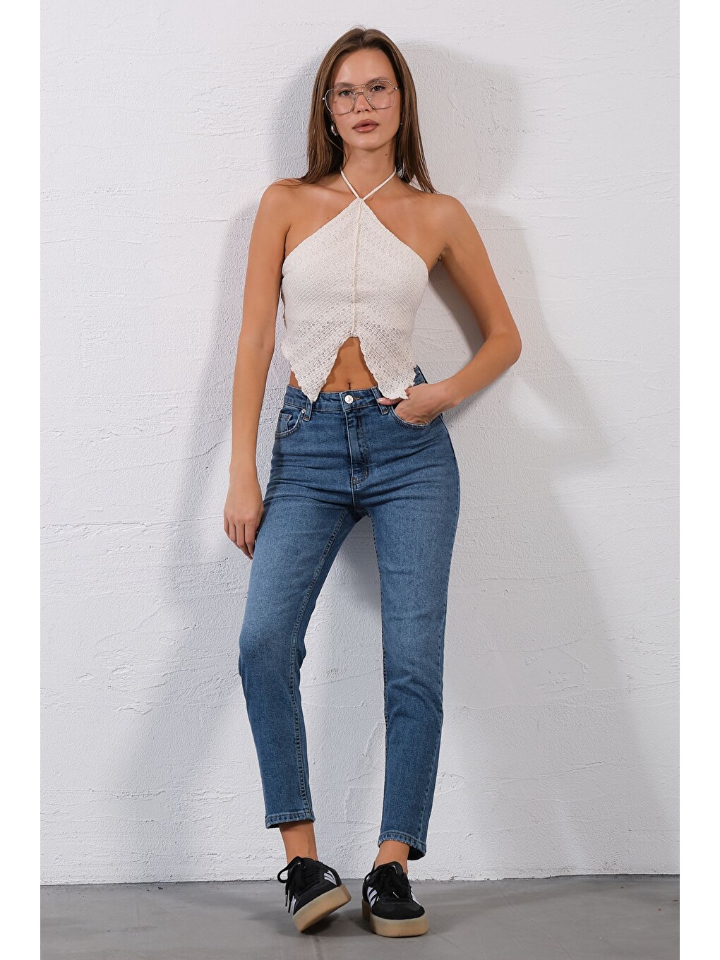 Mavi Yüksek Bel, Esnek Skinny Denim Dar Kalıp Mom Jean Kadın Jean Pantolon @cremona-1
