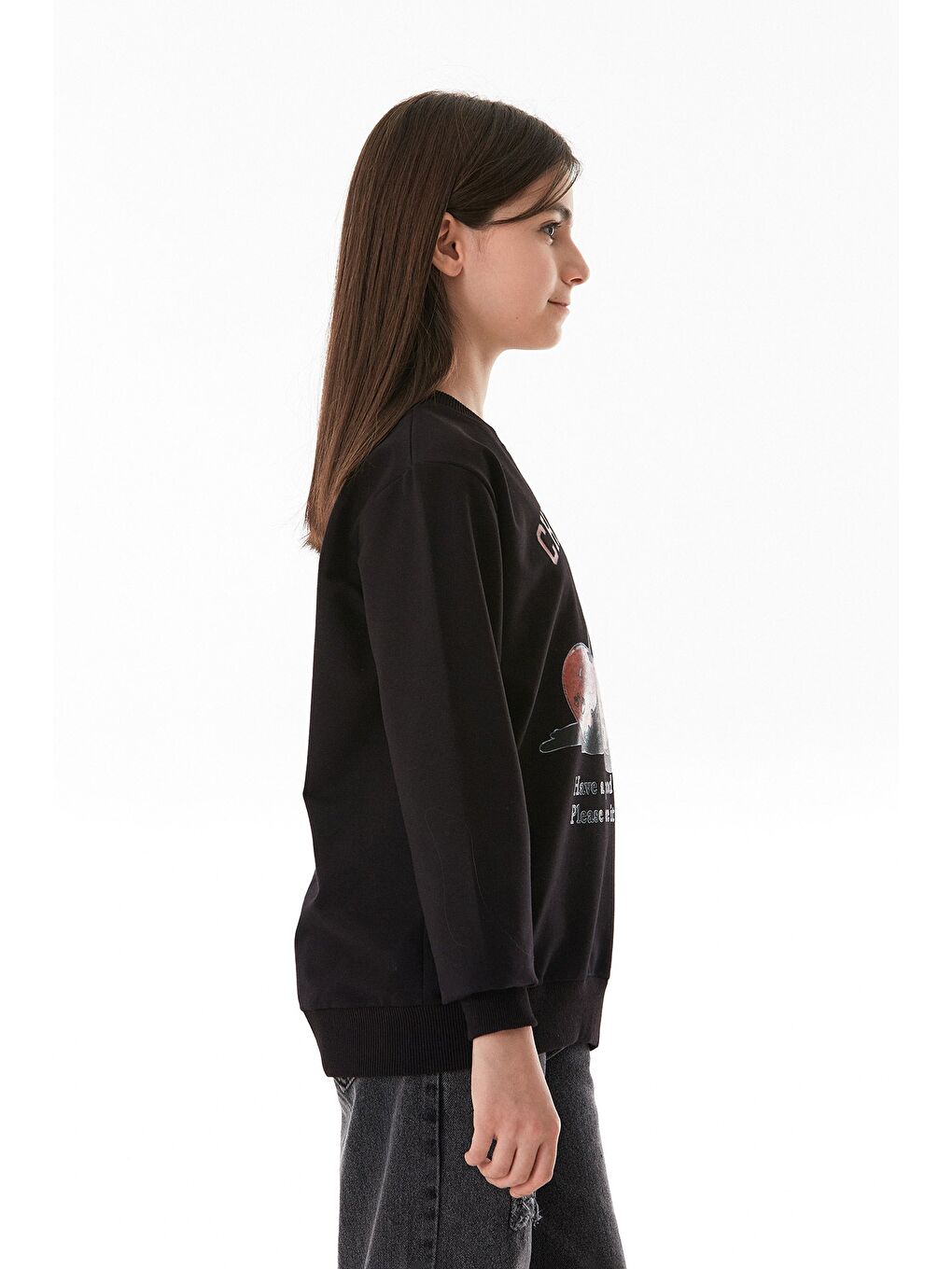 Siyah Kiraz Baskılı Bisiklet Yaka Çocuk Sweatshirt-3