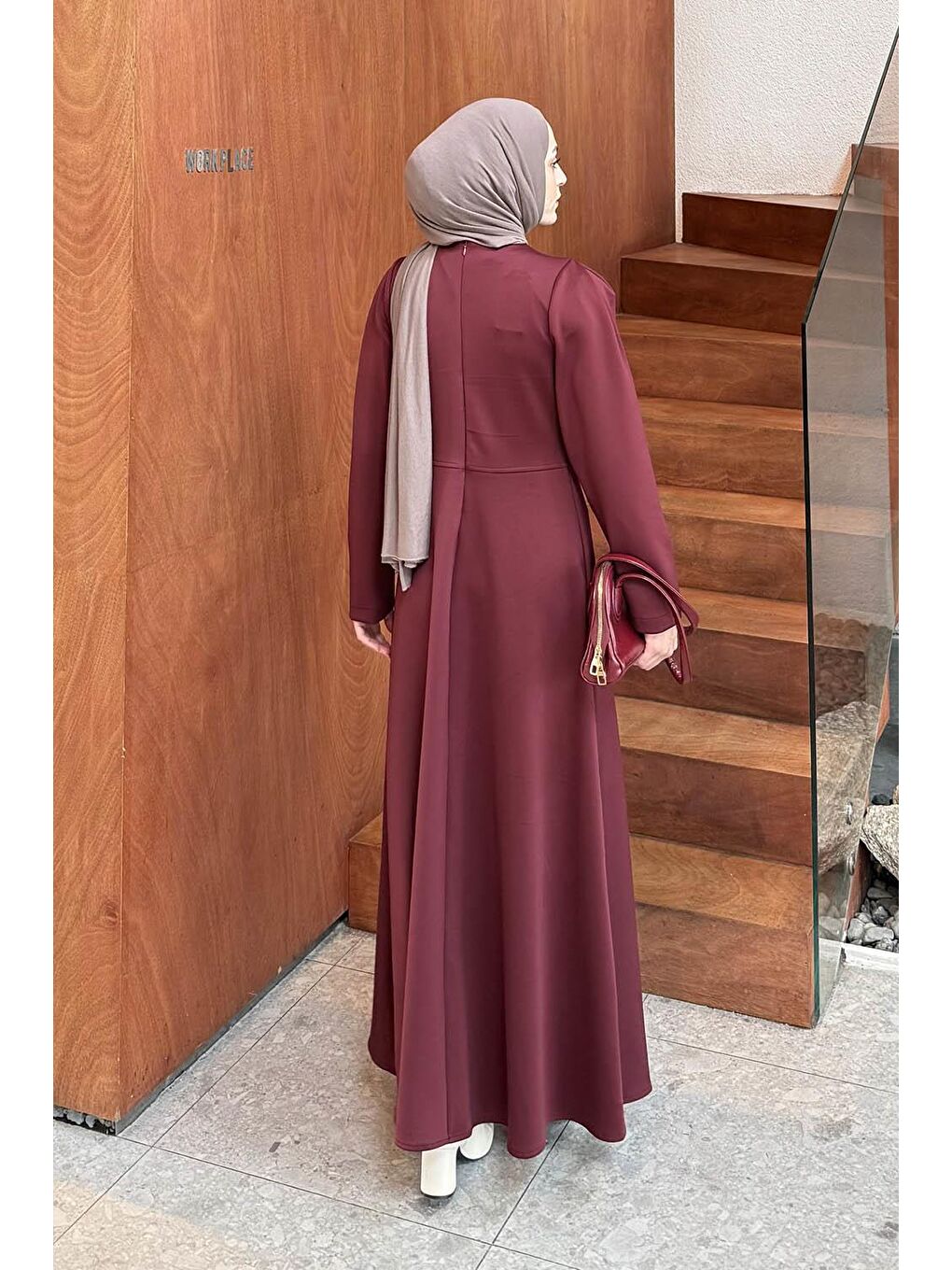 Kurdela Detaylı Scuba Elbise Bordo-3