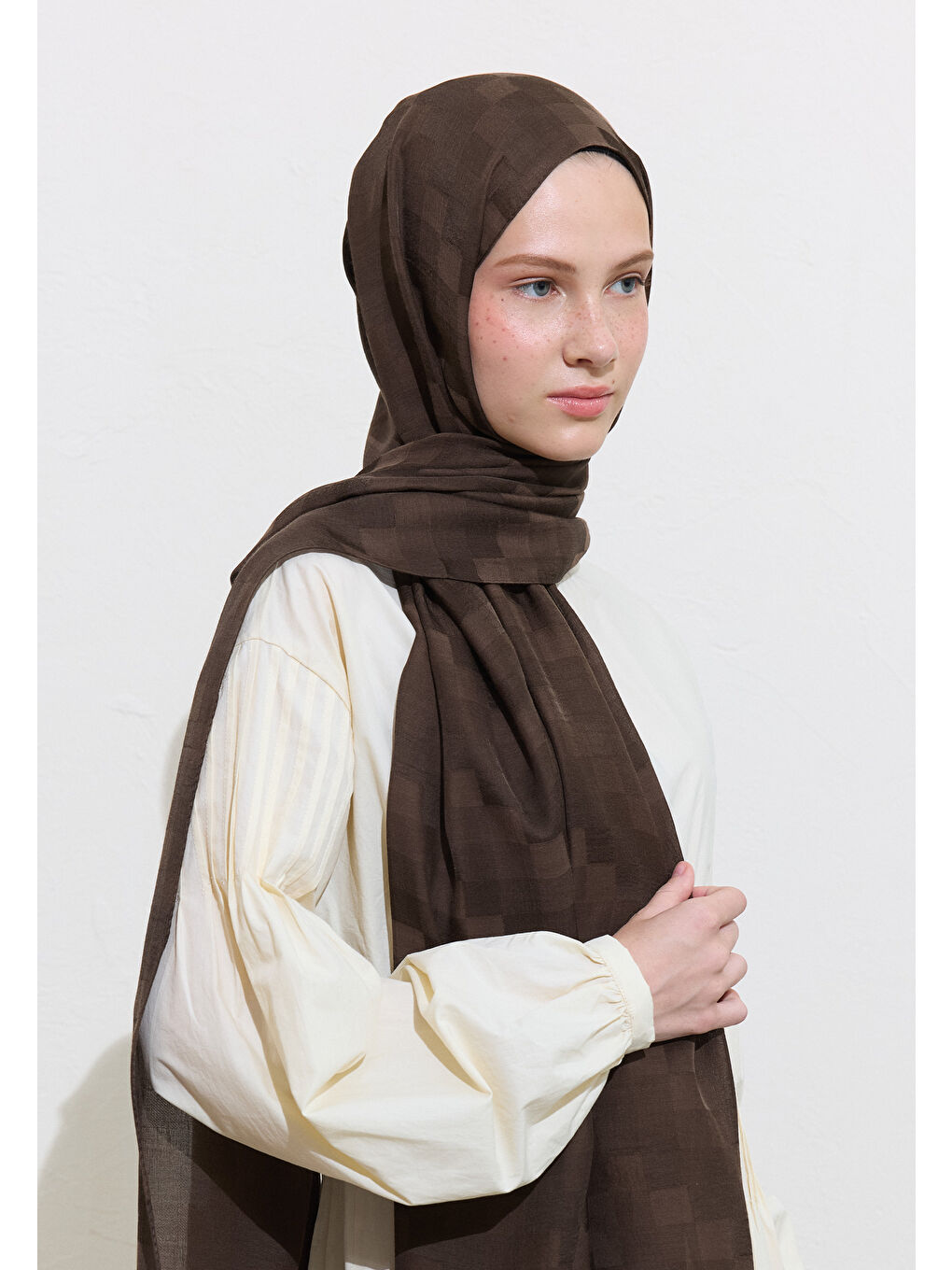 Kahverengi Nori İpeksi Jakar Şal Tozlu Kahve-3