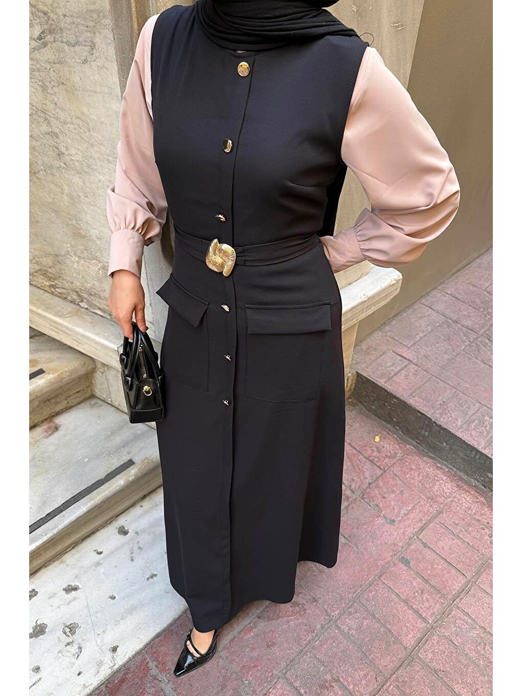 Düğme Detaylı Elbise Siyah-2