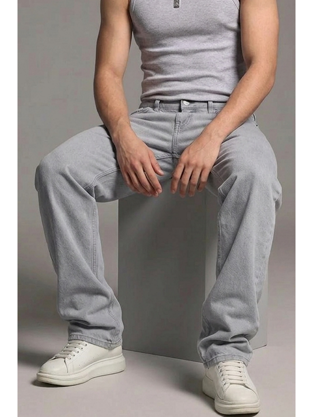 Erkek Relaxed Fit  5 Cepli Gri Jean Pantolon-5
