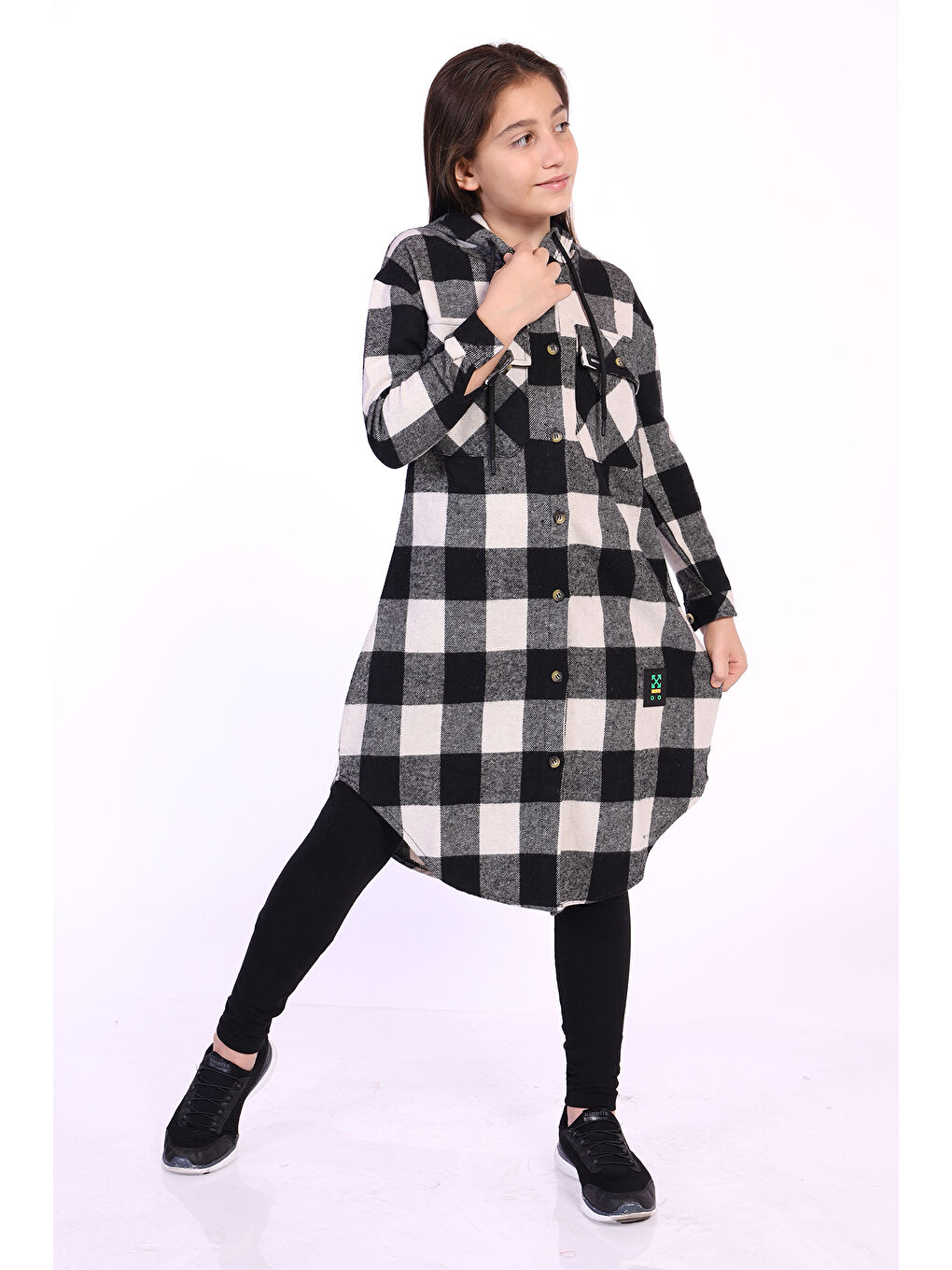 Siyah Kız Çocuk Kapüşonlu Oduncu Gömlek-1