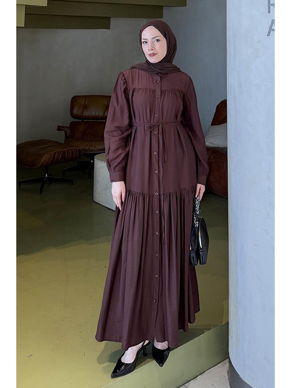 Bağlama Detaylı Tesettür Elbise Acı Kahverengi