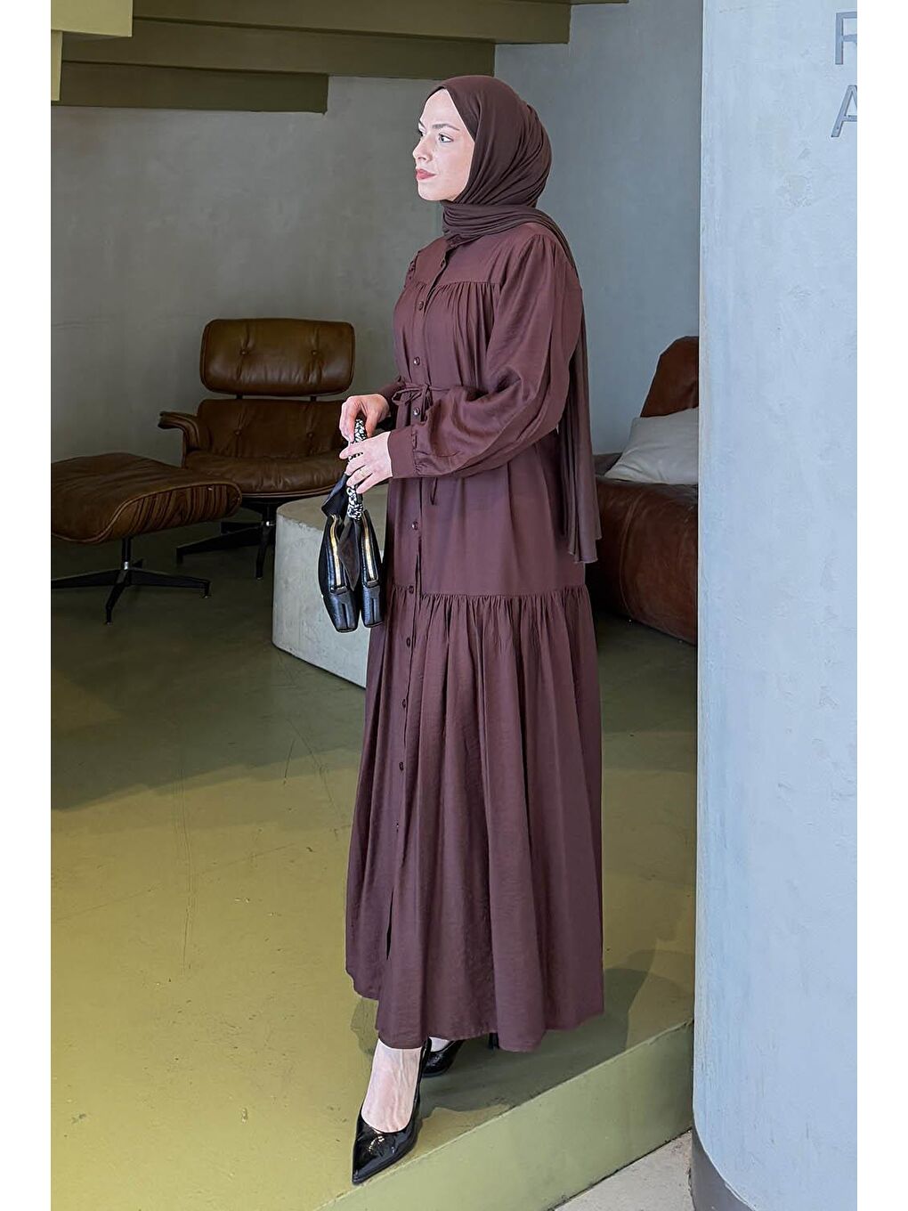 Bağlama Detaylı Tesettür Elbise Acı Kahverengi-1