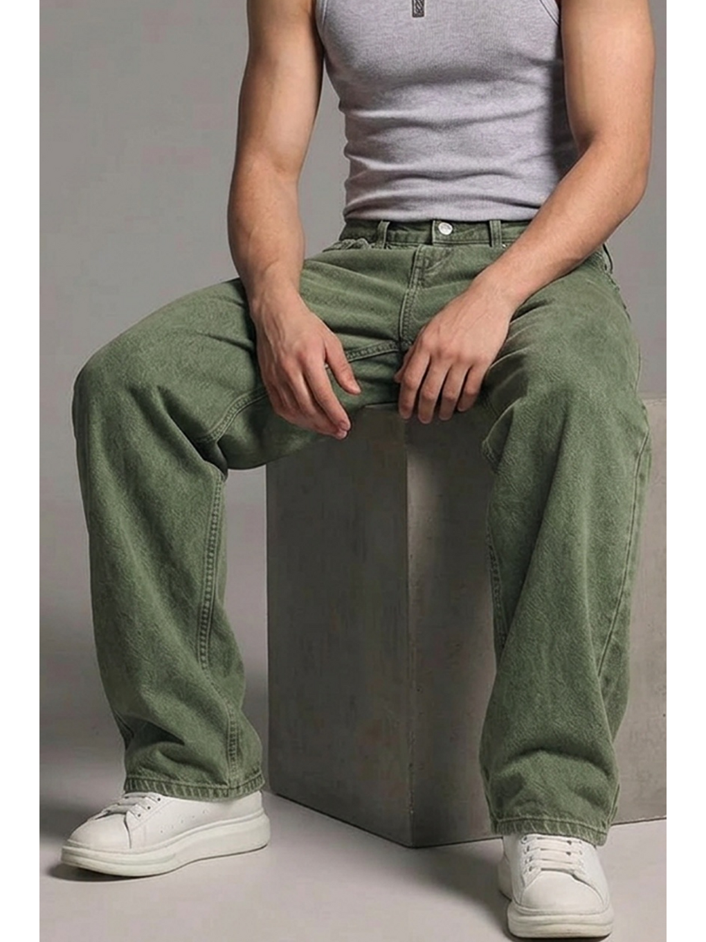Erkek Relaxed Fit  5 Cepli Haki Jean Pantolon-5