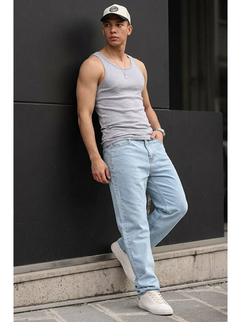Erkek Relaxed Fit  5 Cepli Buz Mavi Jean Pantolon-3