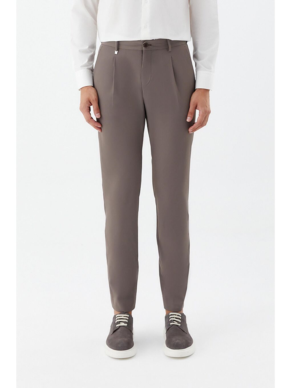 Kahverengi Erkek Koyu Vizon Normal Kesim Regular Fit Dokuma Yan Cep Normal Bel Pileli Chino Pantolon