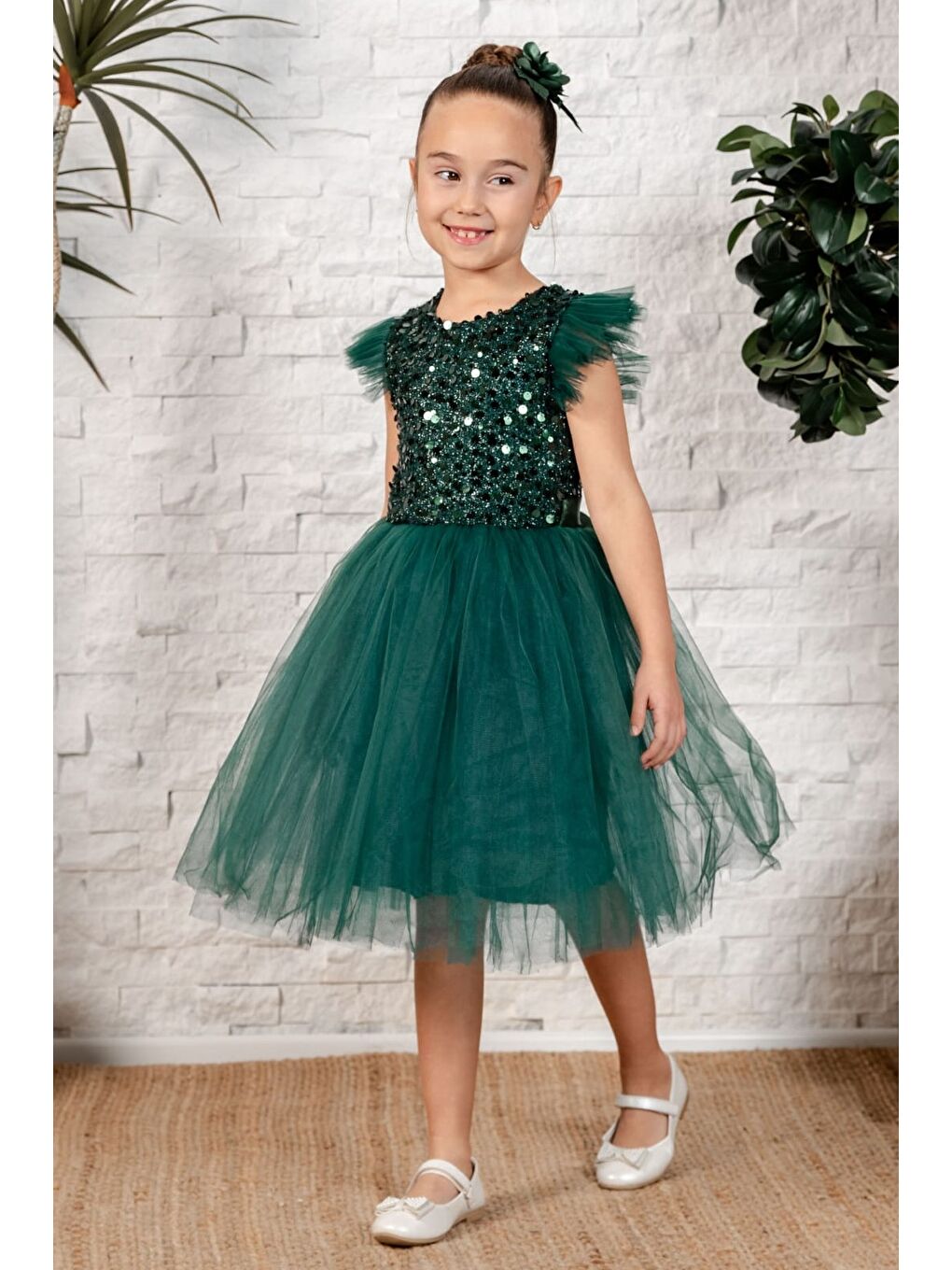 Yeşil Tüllü Kız Çocuk KPL Elbise MNK0526-8