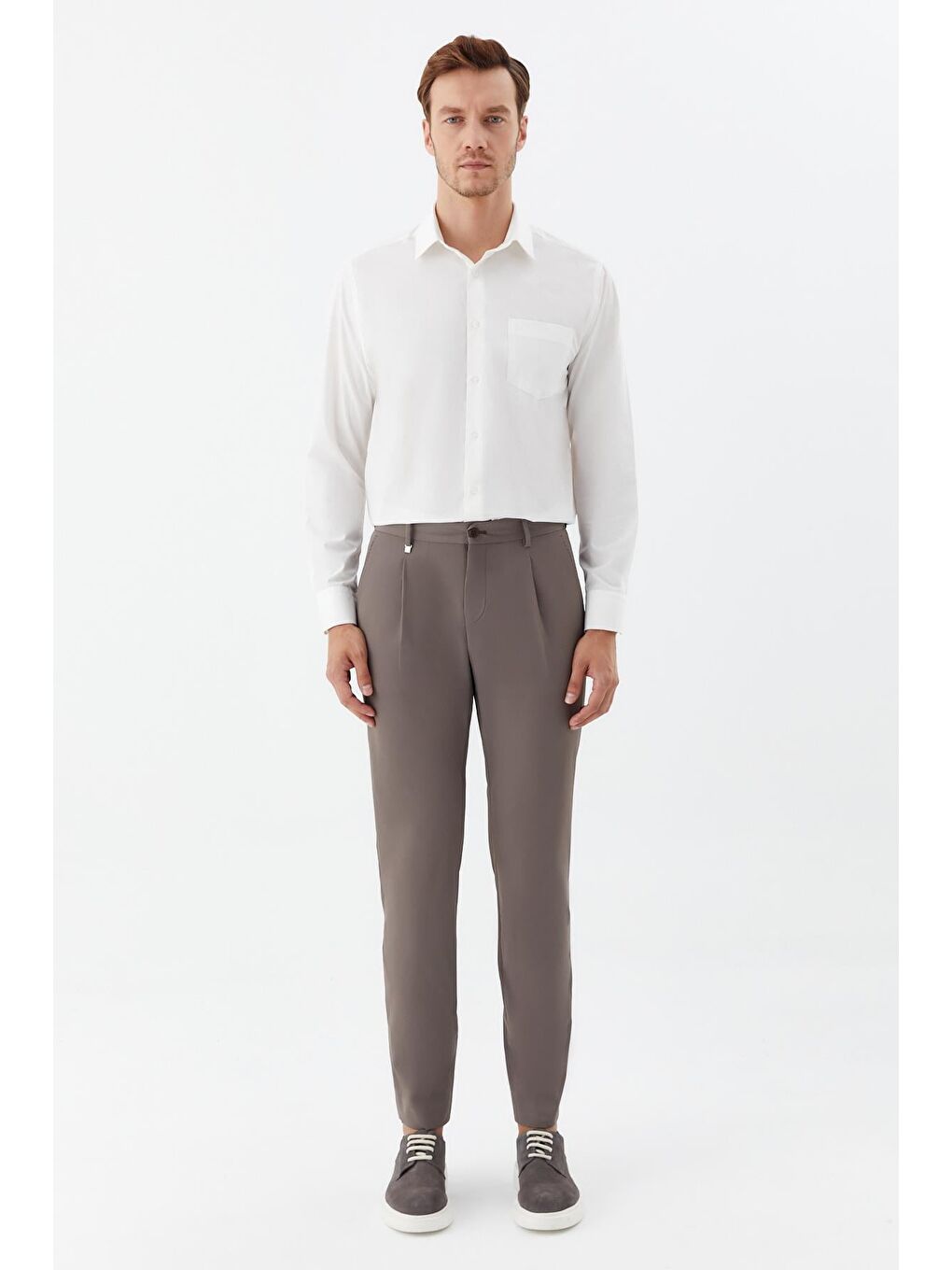 Kahverengi Erkek Koyu Vizon Normal Kesim Regular Fit Dokuma Yan Cep Normal Bel Pileli Chino Pantolon-1