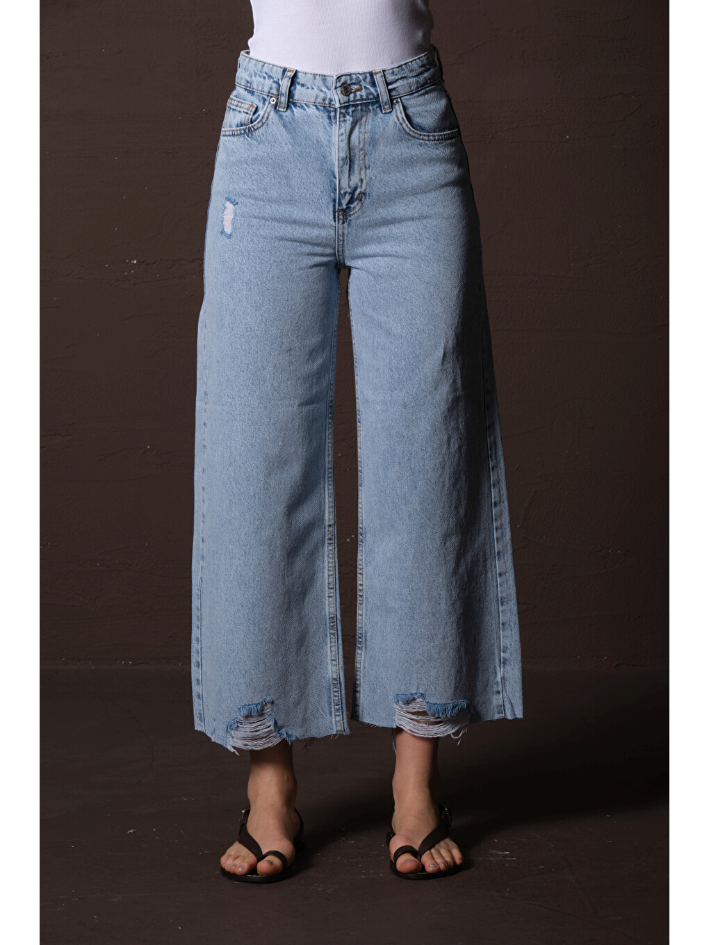 Mavi Rahat Kesim, Paçalarda yırtık detaylı, Kısa Boy yazlık kadın denim Crop jean Pantolon @Lisente-1