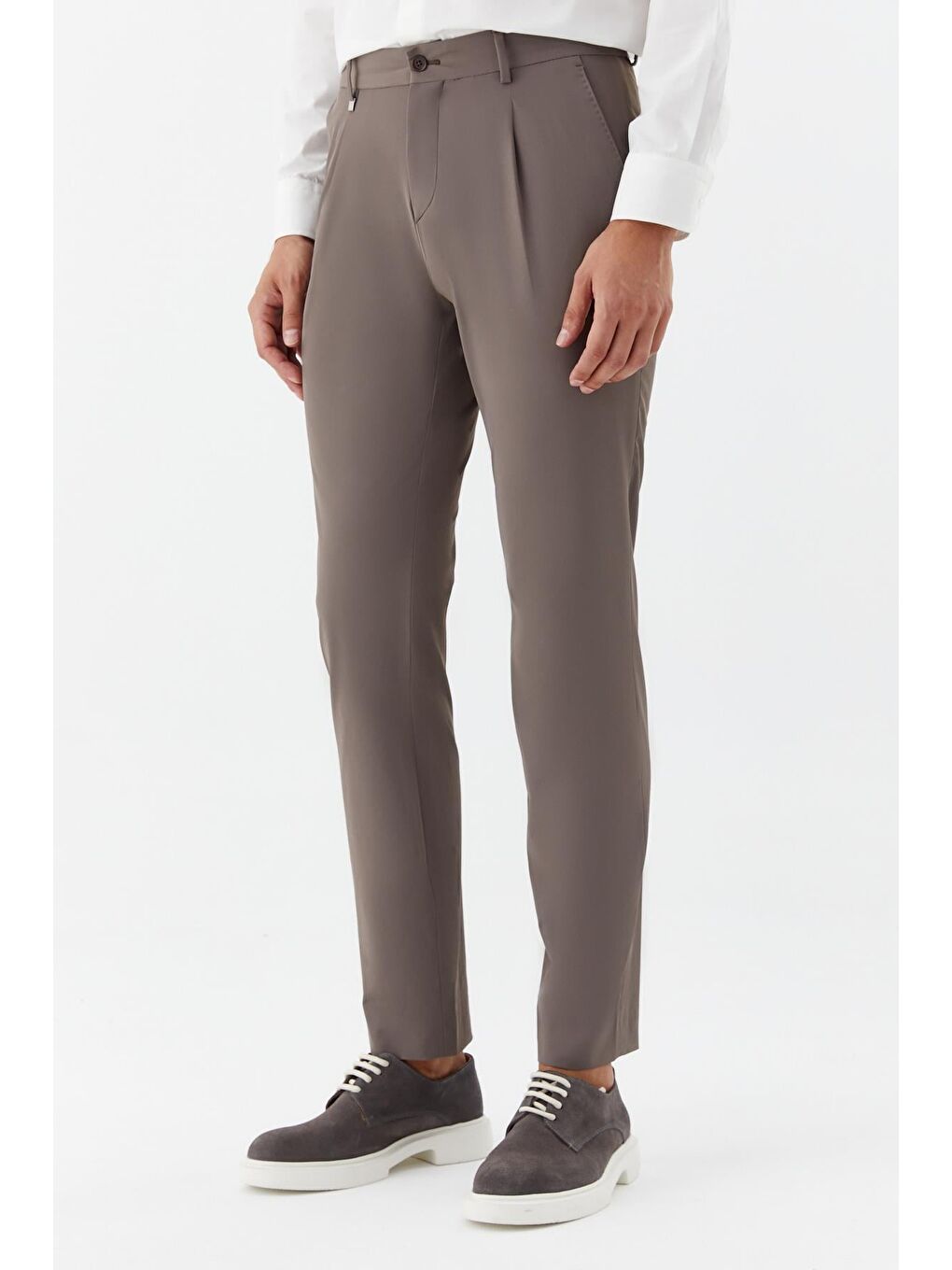 Kahverengi Erkek Koyu Vizon Normal Kesim Regular Fit Dokuma Yan Cep Normal Bel Pileli Chino Pantolon-2