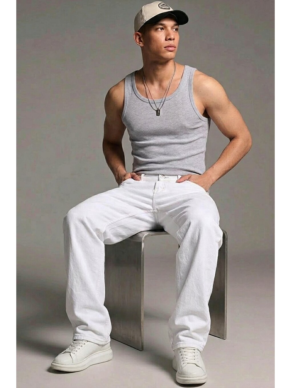 Erkek Relaxed Fit  5 Cepli Beyaz Jean Pantolon-2