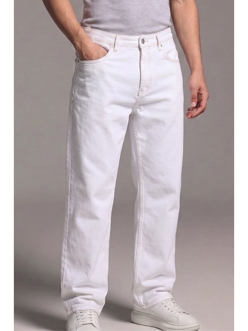 Erkek Relaxed Fit  5 Cepli Beyaz Jean Pantolon-4
