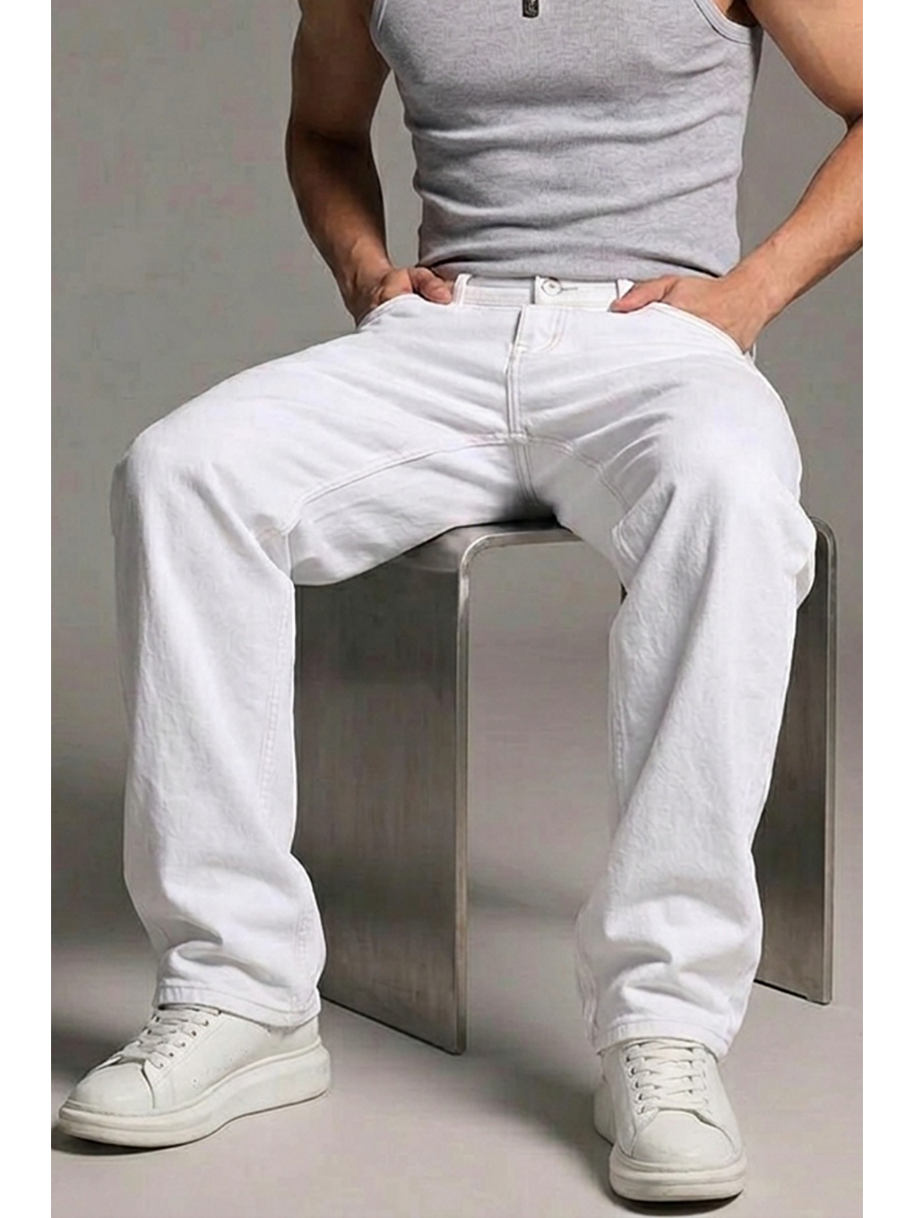 Erkek Relaxed Fit  5 Cepli Beyaz Jean Pantolon-5