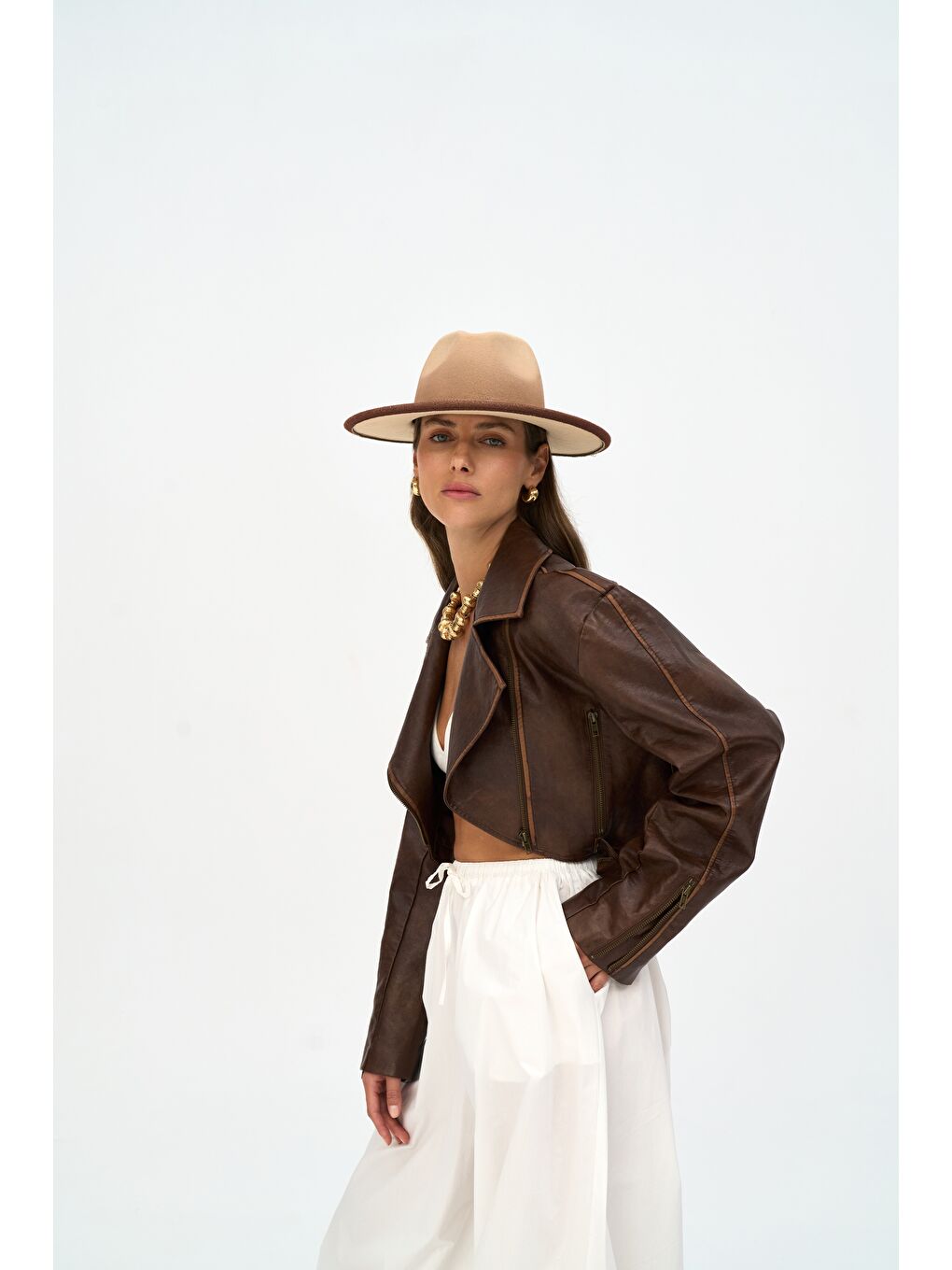 Kahverengi Carnas Asimetrik Kahve Suni Deri Ceket-2