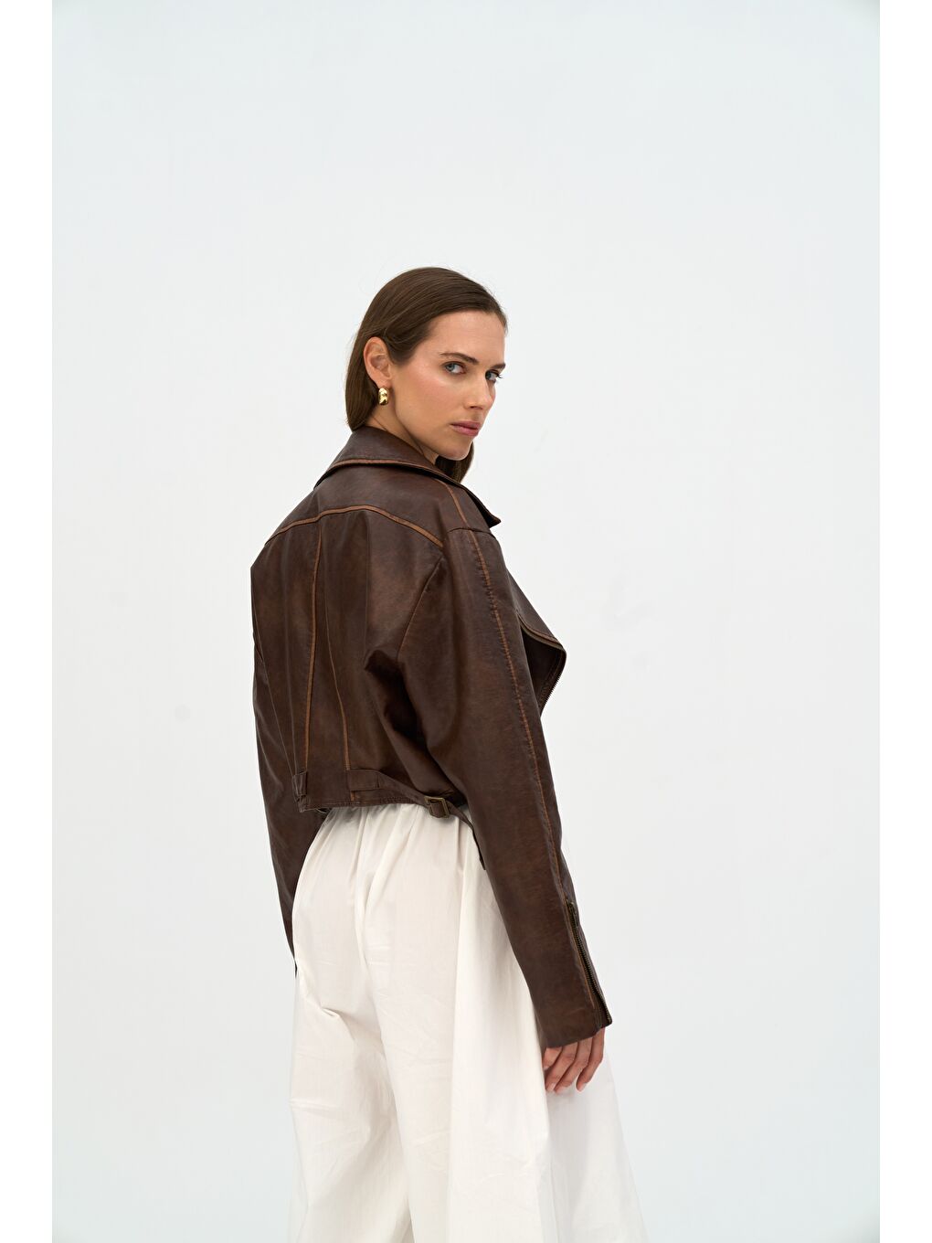 Kahverengi Carnas Asimetrik Kahve Suni Deri Ceket-3