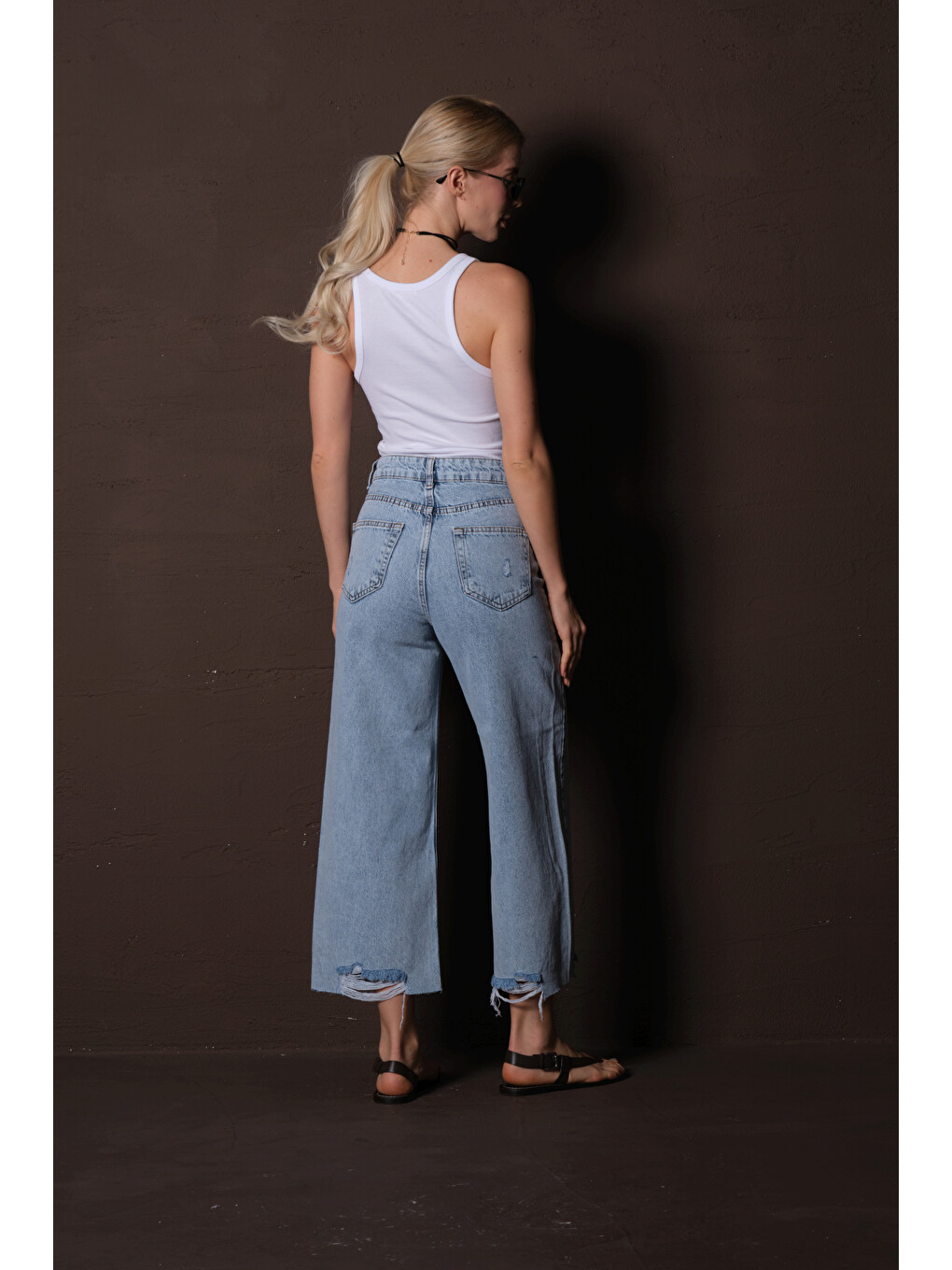 Mavi Rahat Kesim, Paçalarda yırtık detaylı, Kısa Boy yazlık kadın denim Crop jean Pantolon @Lisente-4