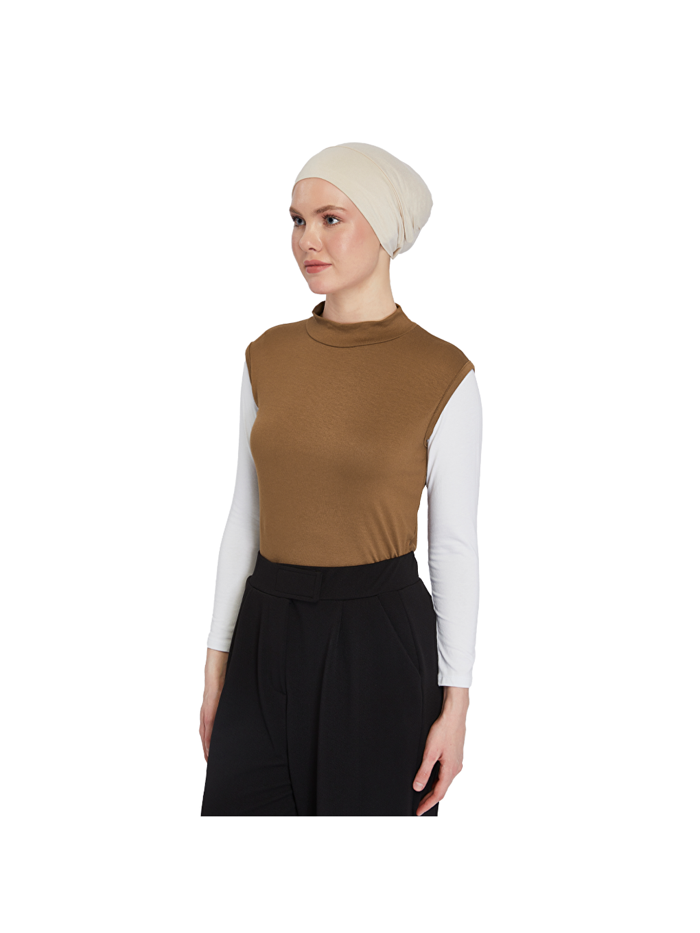 Kahverengi Organik Kolsuz Balıkçı Yaka Elastanlı Kadın Sıfır Kol Body-1