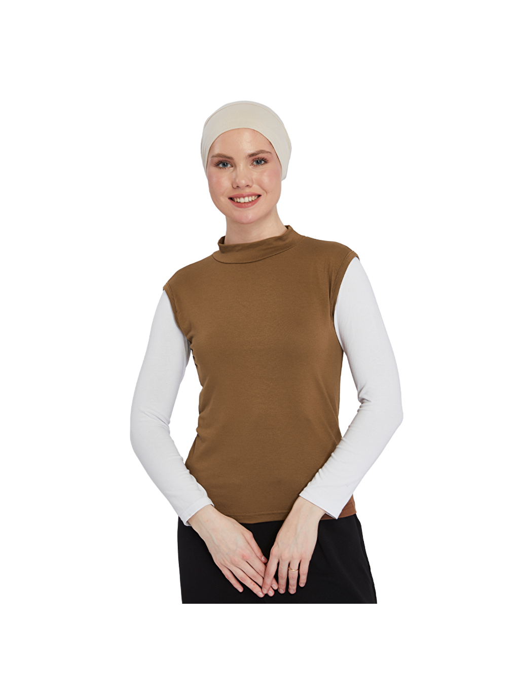 Kahverengi Organik Kolsuz Balıkçı Yaka Elastanlı Kadın Sıfır Kol Body-2