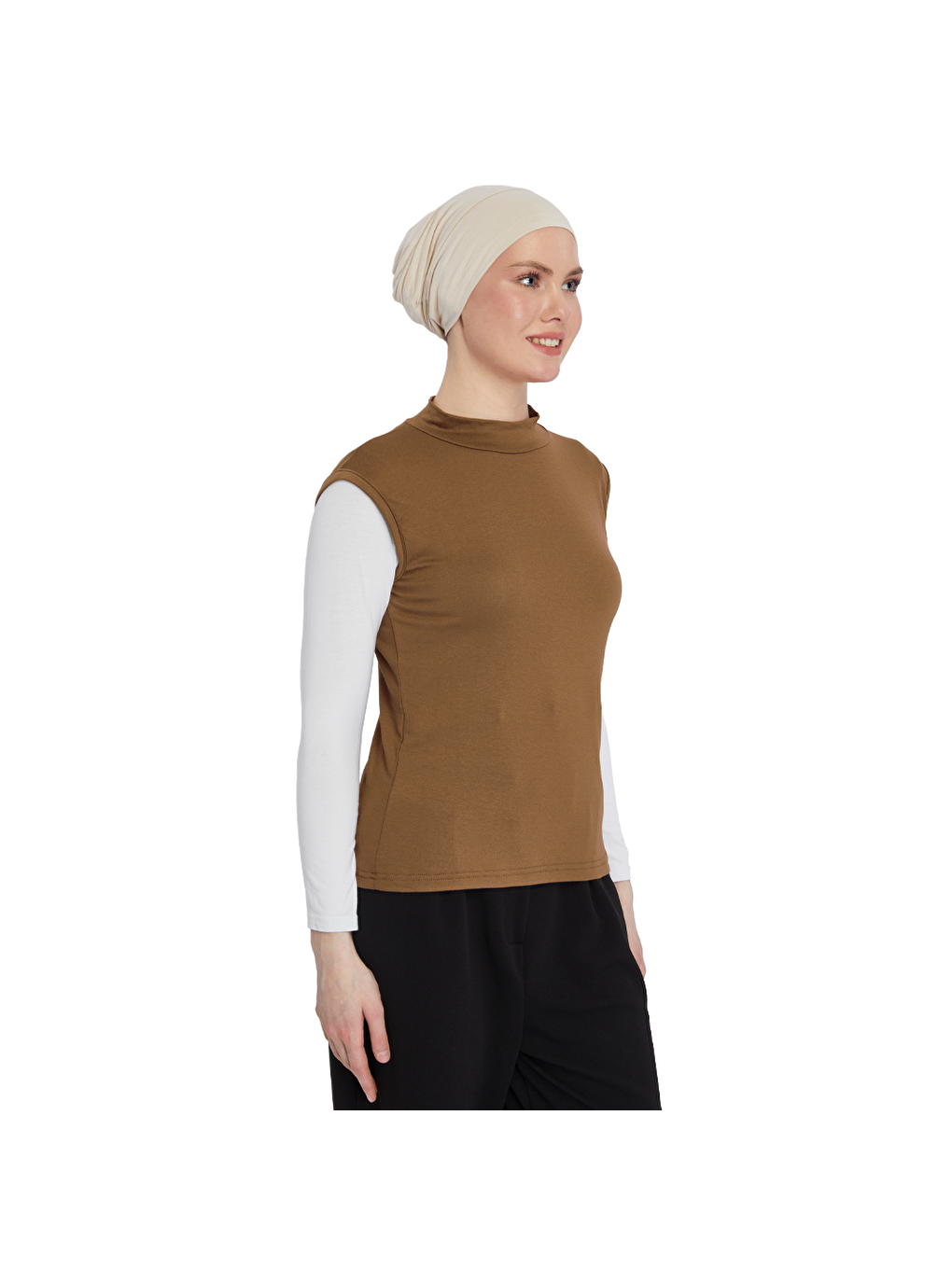 Kahverengi Organik Kolsuz Balıkçı Yaka Elastanlı Kadın Sıfır Kol Body-3