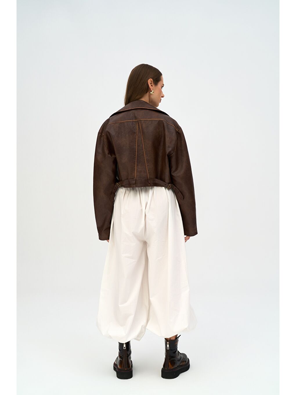 Kahverengi Carnas Asimetrik Kahve Suni Deri Ceket-4