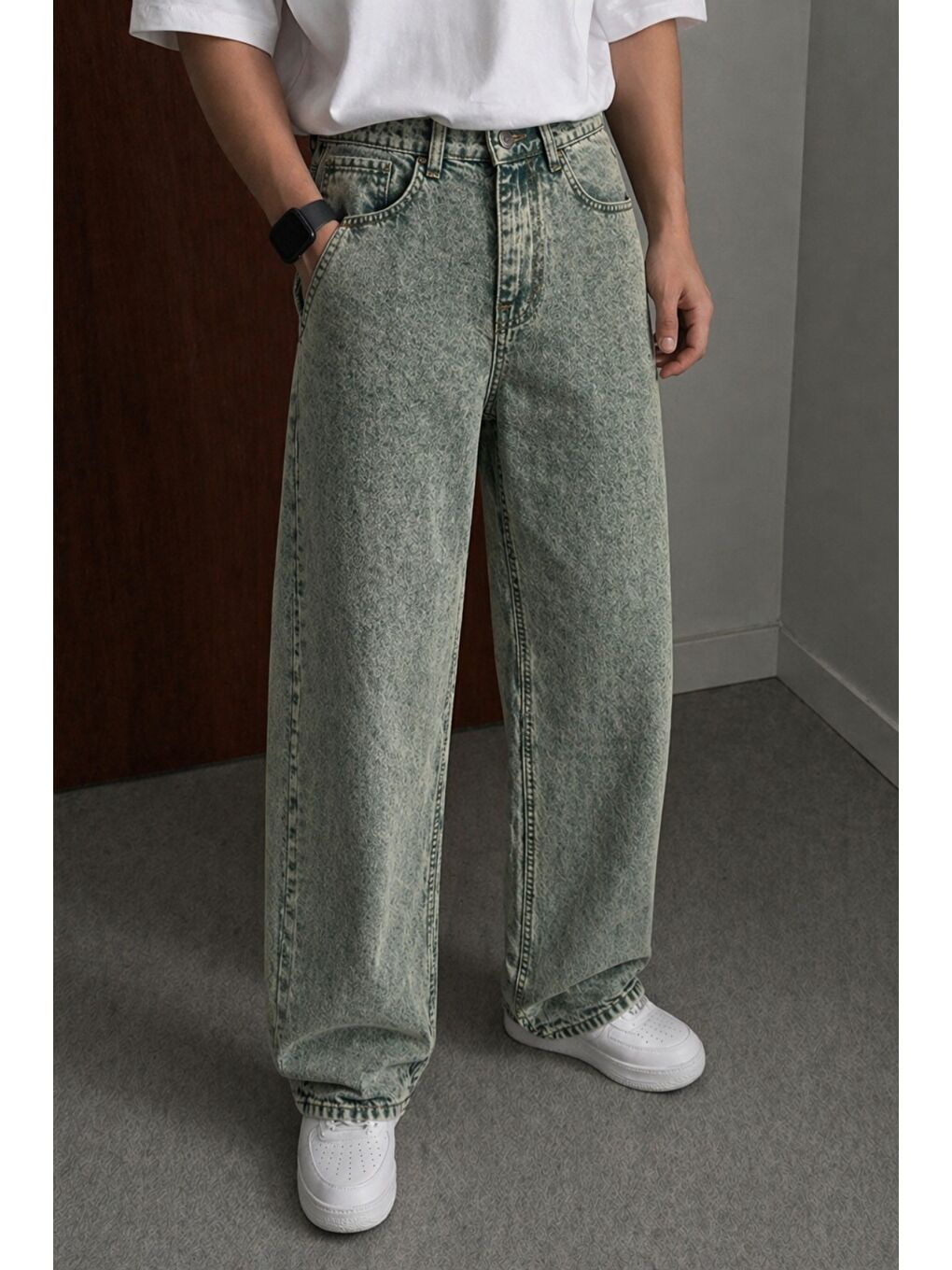 Yeşil Bol Paça Rahat Kesim Jean Pantolon