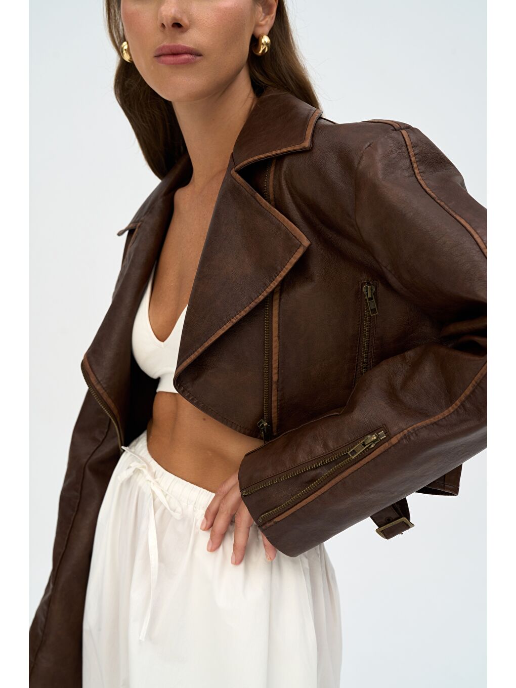 Kahverengi Carnas Asimetrik Kahve Suni Deri Ceket-5