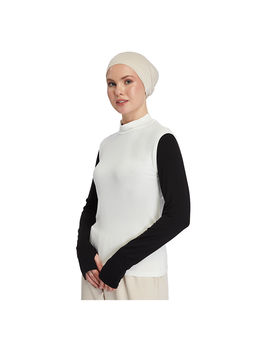 Ekru Organik Kolsuz Balıkçı Yaka Elastanlı Kadın Sıfır Kol Body-3