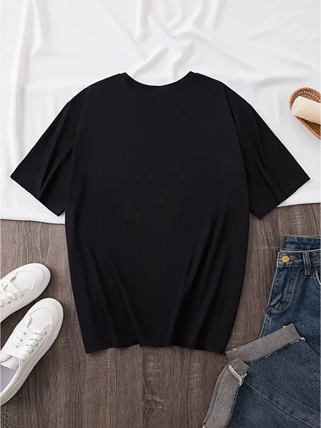 Baskılı Oversize Bisiklet Yaka T-shirt - Siyah-3