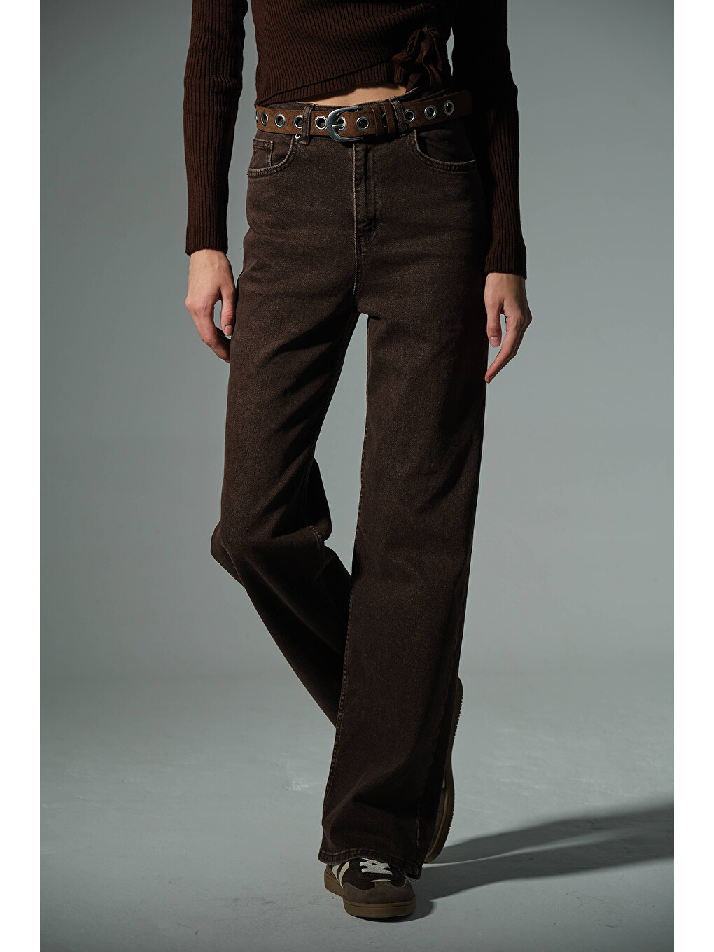 Kahverengi üksek Bel, Esnek Denim Kumaş Geniş Paça Palazzo Kadın Jean Jean Pantolon @Cesena-1