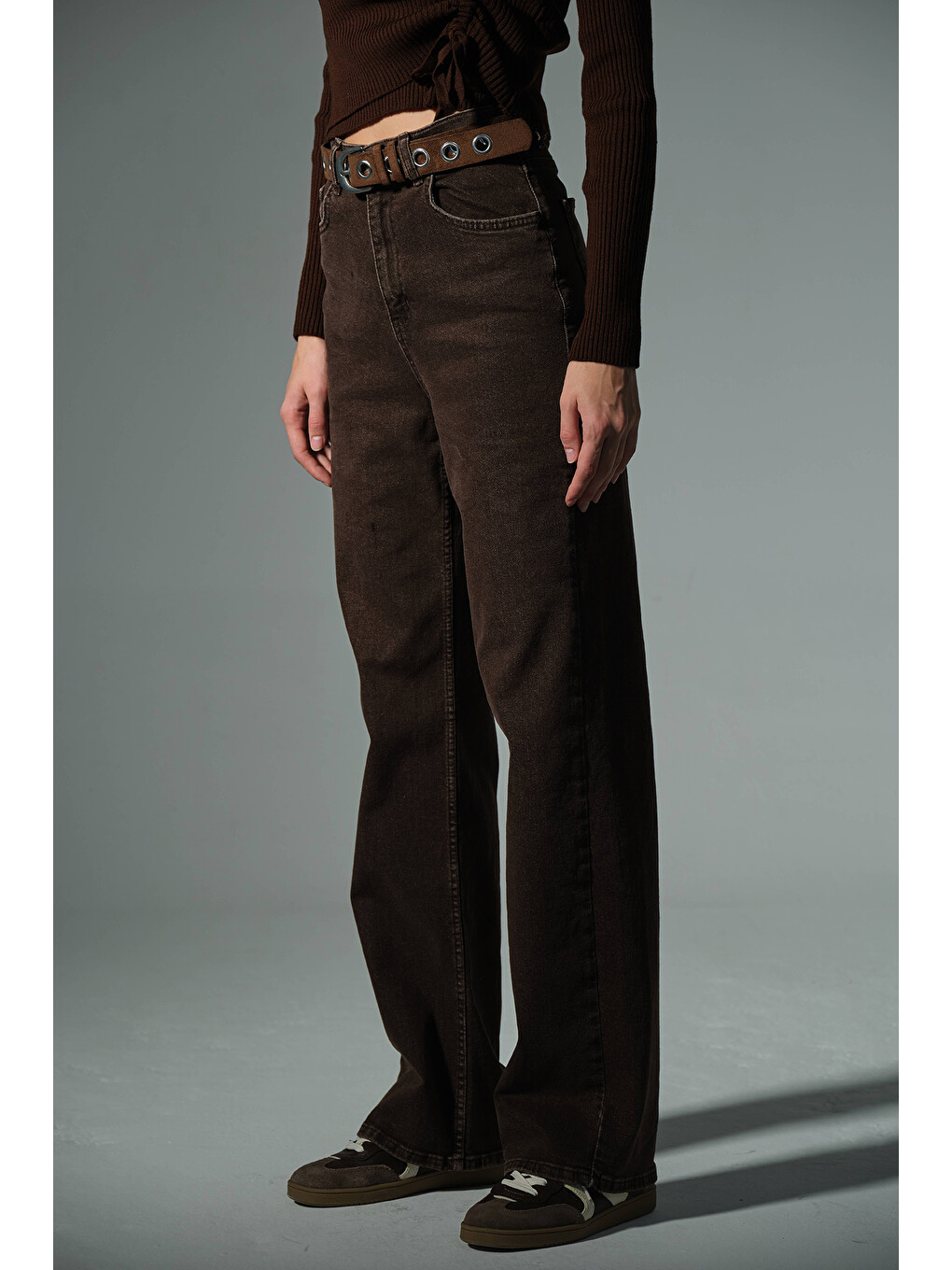 Kahverengi üksek Bel, Esnek Denim Kumaş Geniş Paça Palazzo Kadın Jean Jean Pantolon @Cesena-3