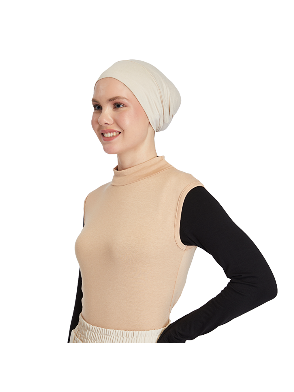 Bej Organik Kolsuz Balıkçı Yaka Elastanlı Kadın Sıfır Kol Body-1