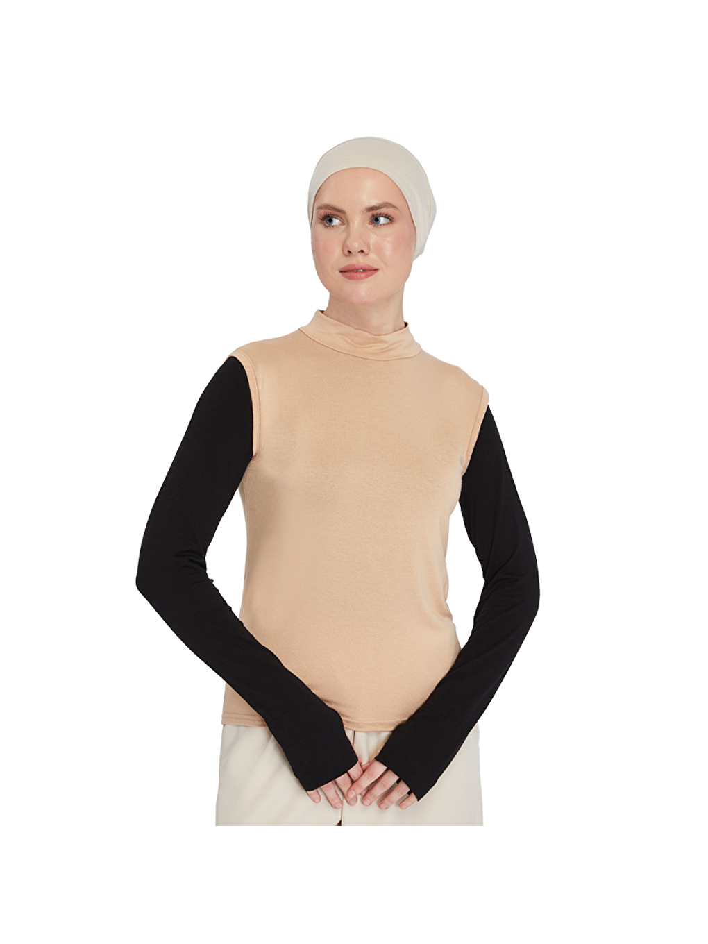 Bej Organik Kolsuz Balıkçı Yaka Elastanlı Kadın Sıfır Kol Body-2