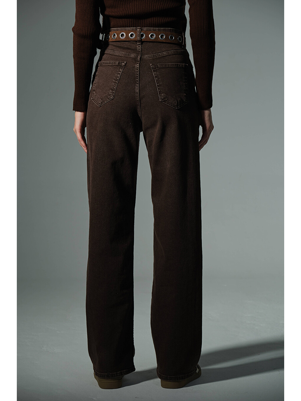 Kahverengi üksek Bel, Esnek Denim Kumaş Geniş Paça Palazzo Kadın Jean Jean Pantolon @Cesena-4