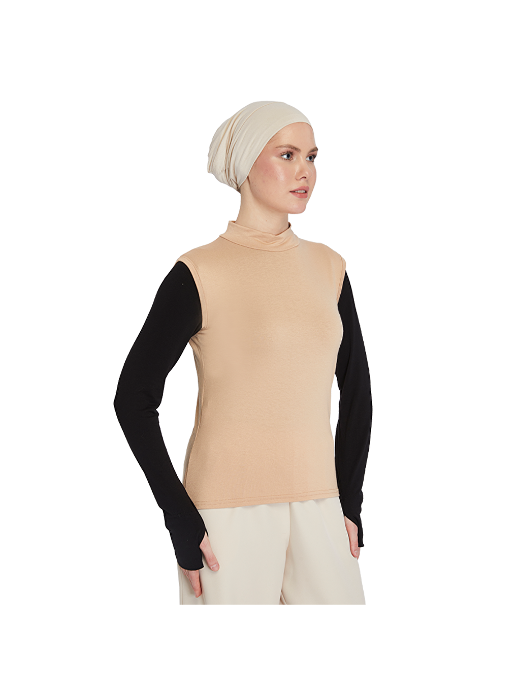 Bej Organik Kolsuz Balıkçı Yaka Elastanlı Kadın Sıfır Kol Body-4