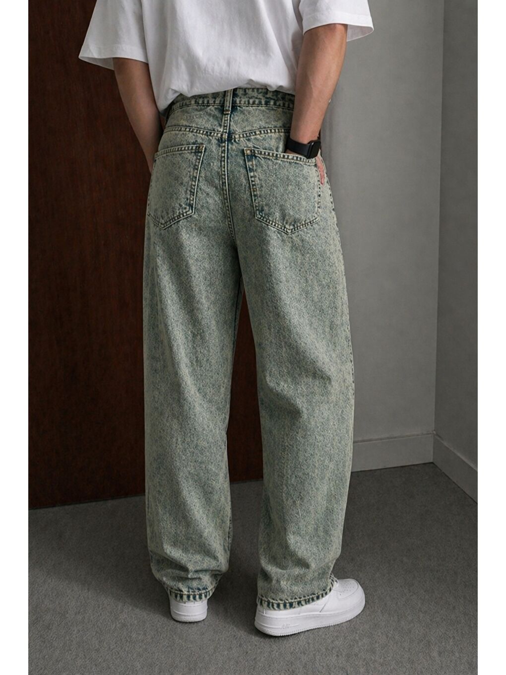 Yeşil Bol Paça Rahat Kesim Jean Pantolon-1