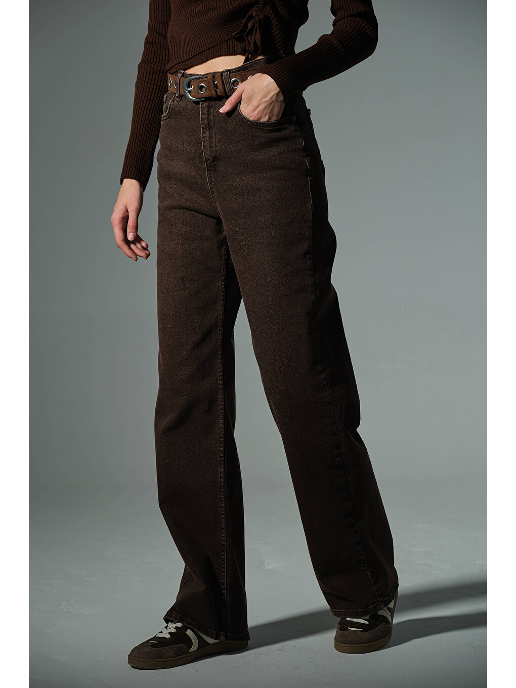 Kahverengi üksek Bel, Esnek Denim Kumaş Geniş Paça Palazzo Kadın Jean Jean Pantolon @Cesena-5