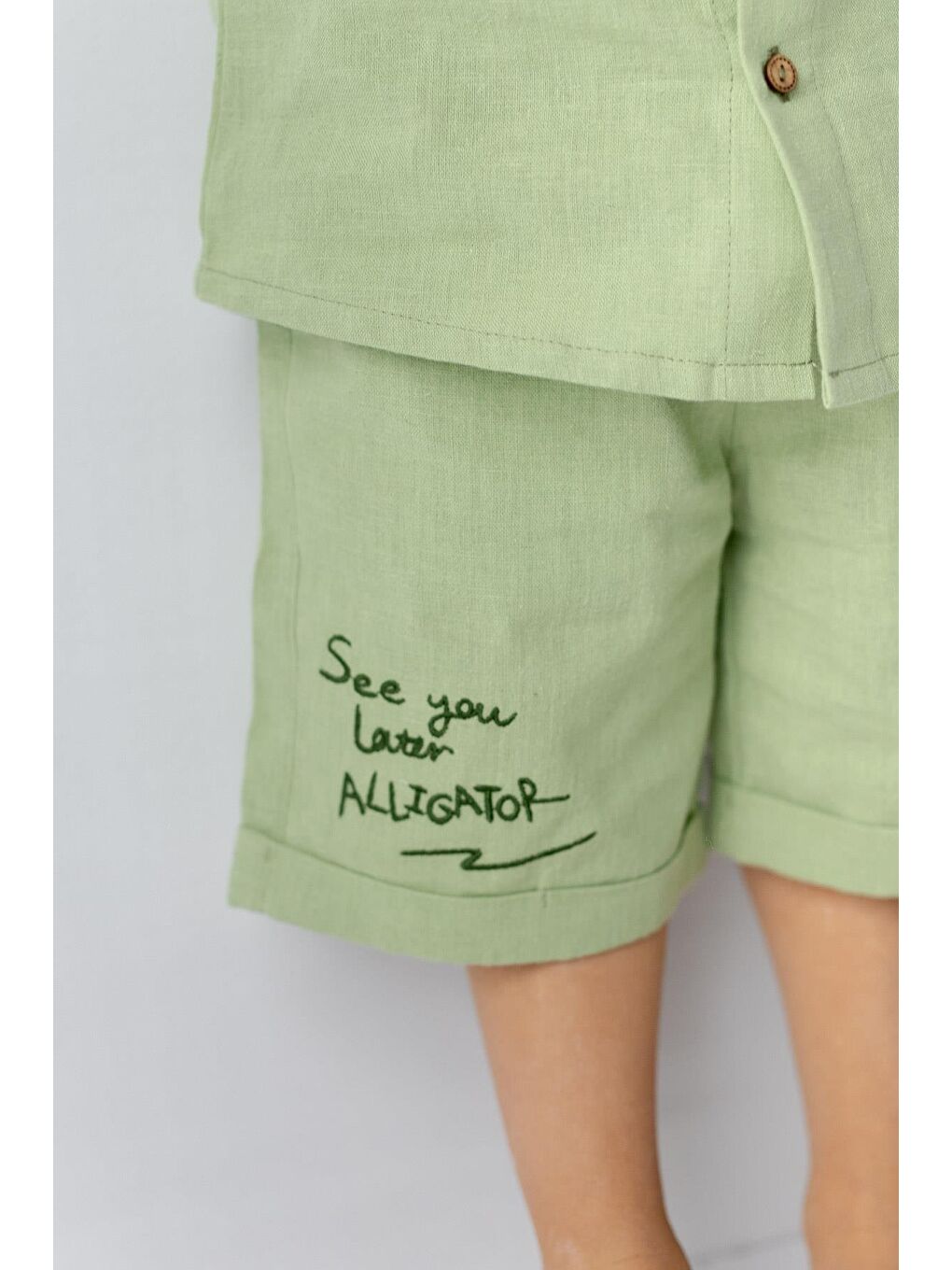 Yeşil Erkek Bebek Nakış Detaylı Keten Şort-1