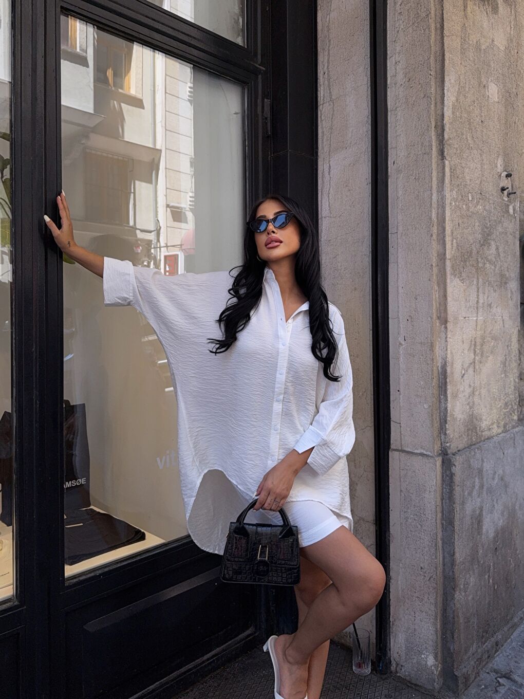 Keten Arkası Uzun Salaş Gömlek Şort Takım Beyaz-2