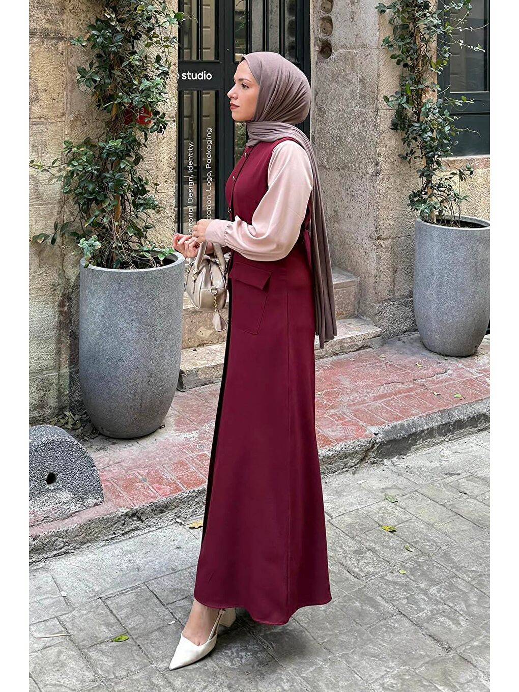 Düğme Detaylı Elbise Bordo-1